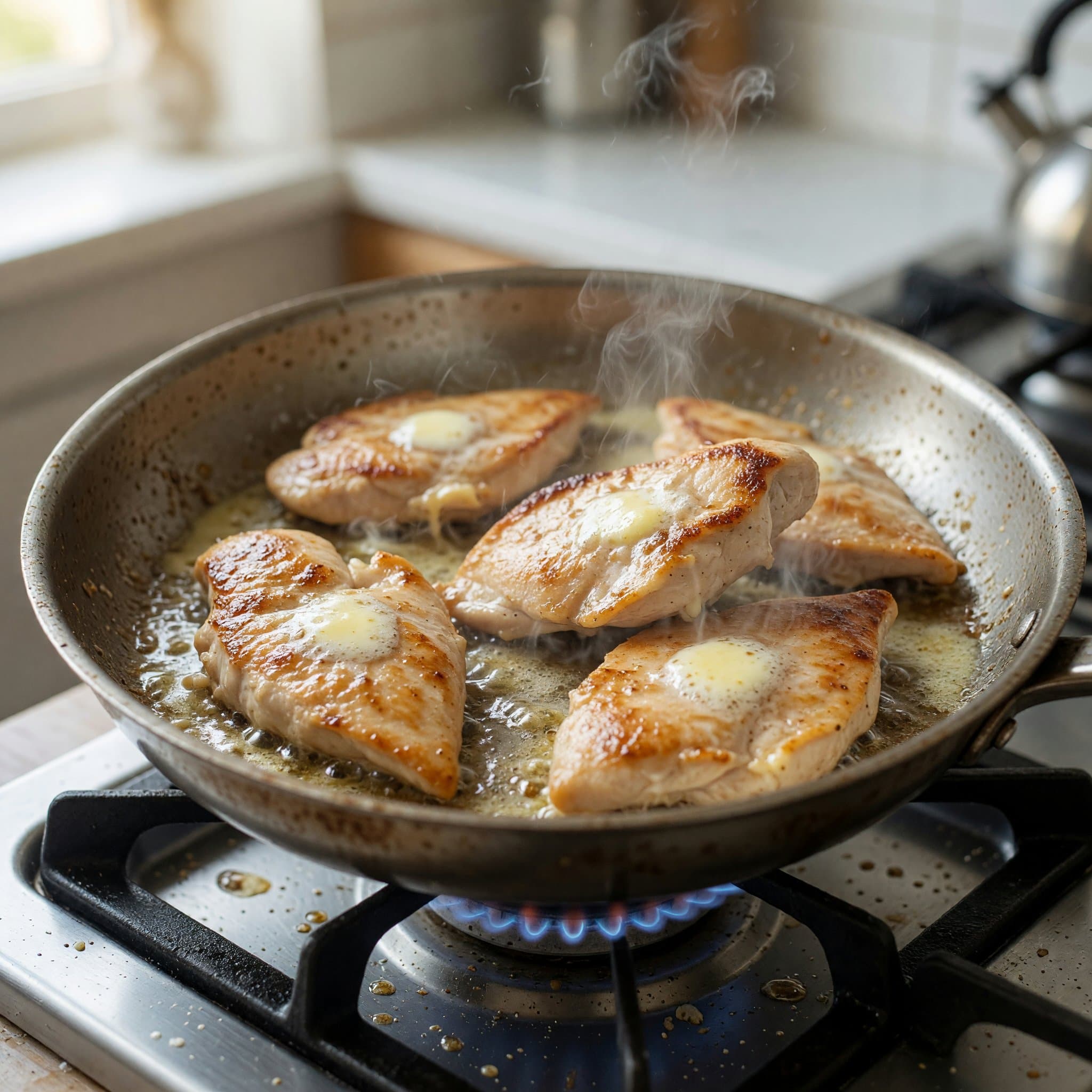 Searing chicken breasts while preparing Cheesy Garlic Butter Chicken