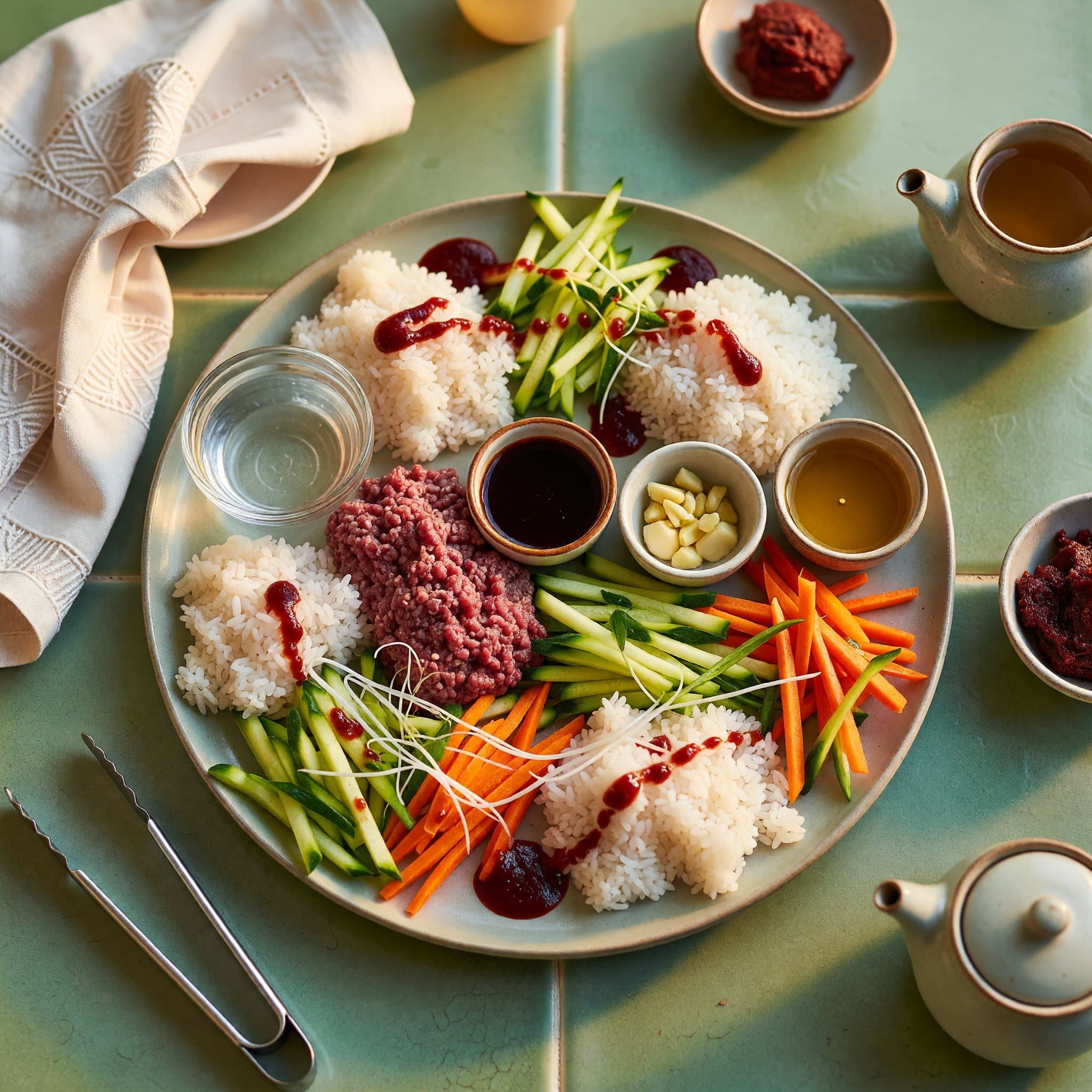 Overhead view of Short-Grain White Rice, Water, Ground Beef, Soy Sauce, Garlic, Sesame Oil, Zucchini and Carrot arranged on a table
