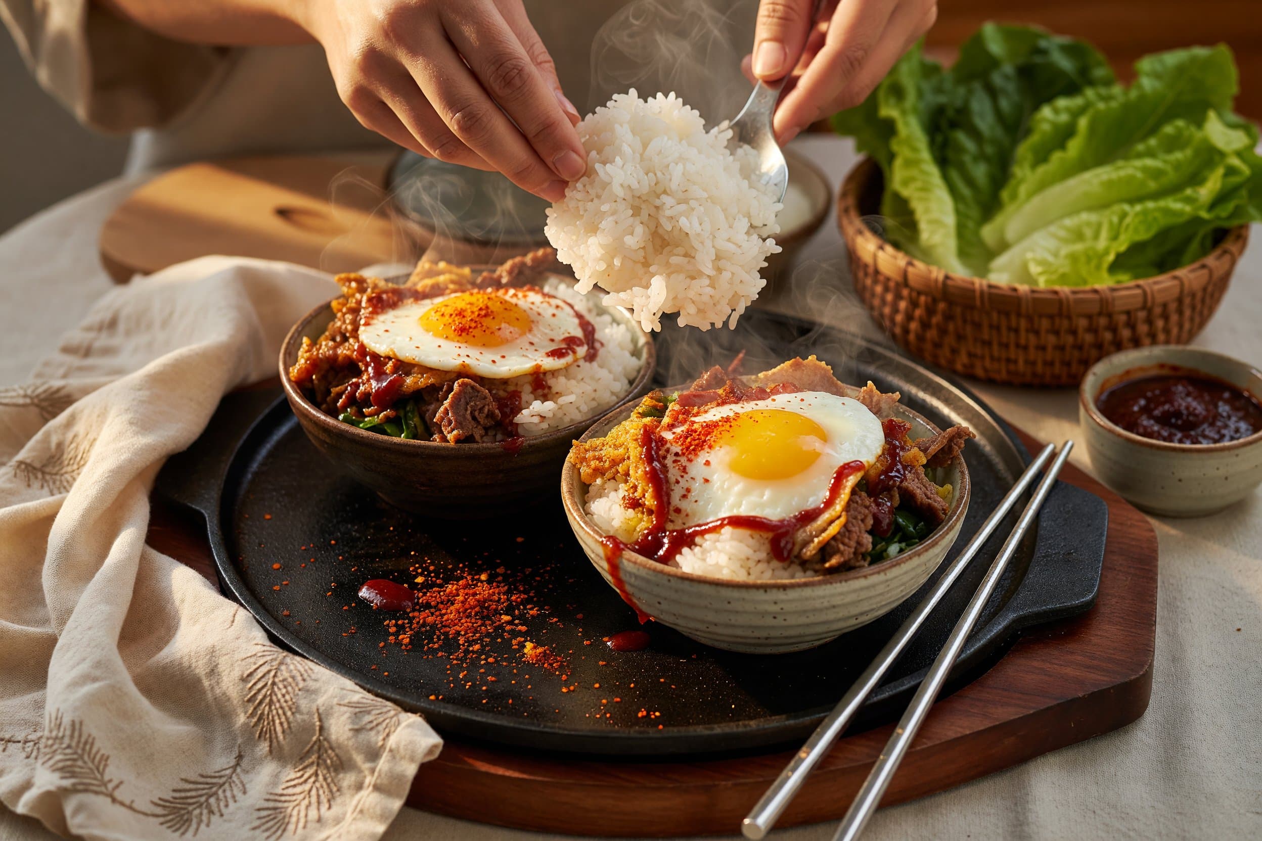Divide your cooked rice between two serving bowls while preparing Bibimbap with Beef and Soft-Fried Egg