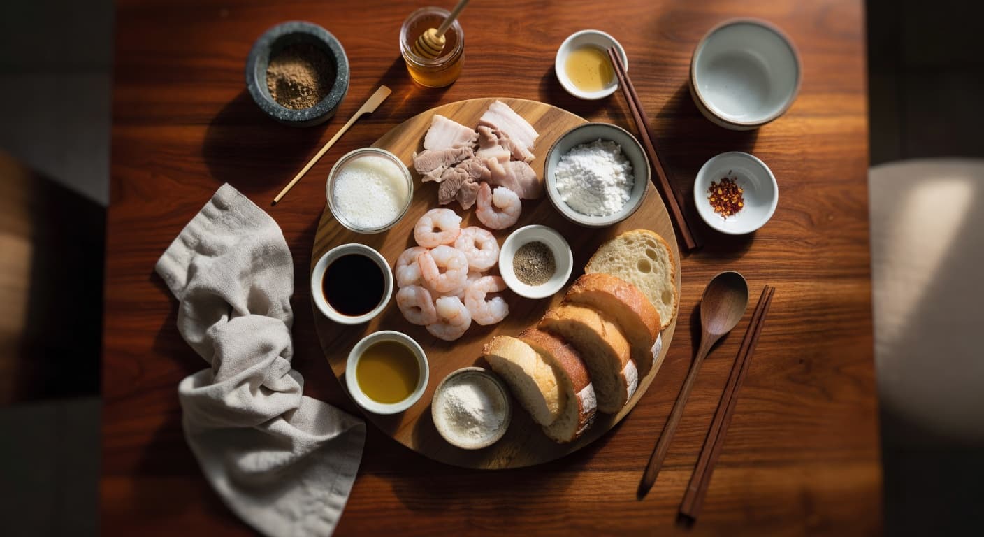 Overhead view of Shrimp, Pork Fat Back Or Fatback, Egg White, Sesame Oil, Soy Sauce, White Pepper, Cornstarch and Bread arranged on a table