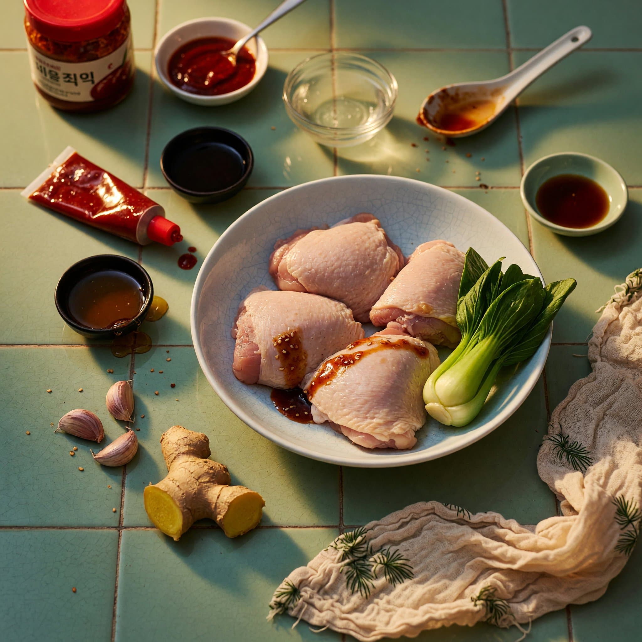 Overhead view of Chicken Thighs, Gochujang, Soy Sauce, Honey, Sesame Oil, Garlic, Fresh Ginger and Rice Vinegar arranged on a table