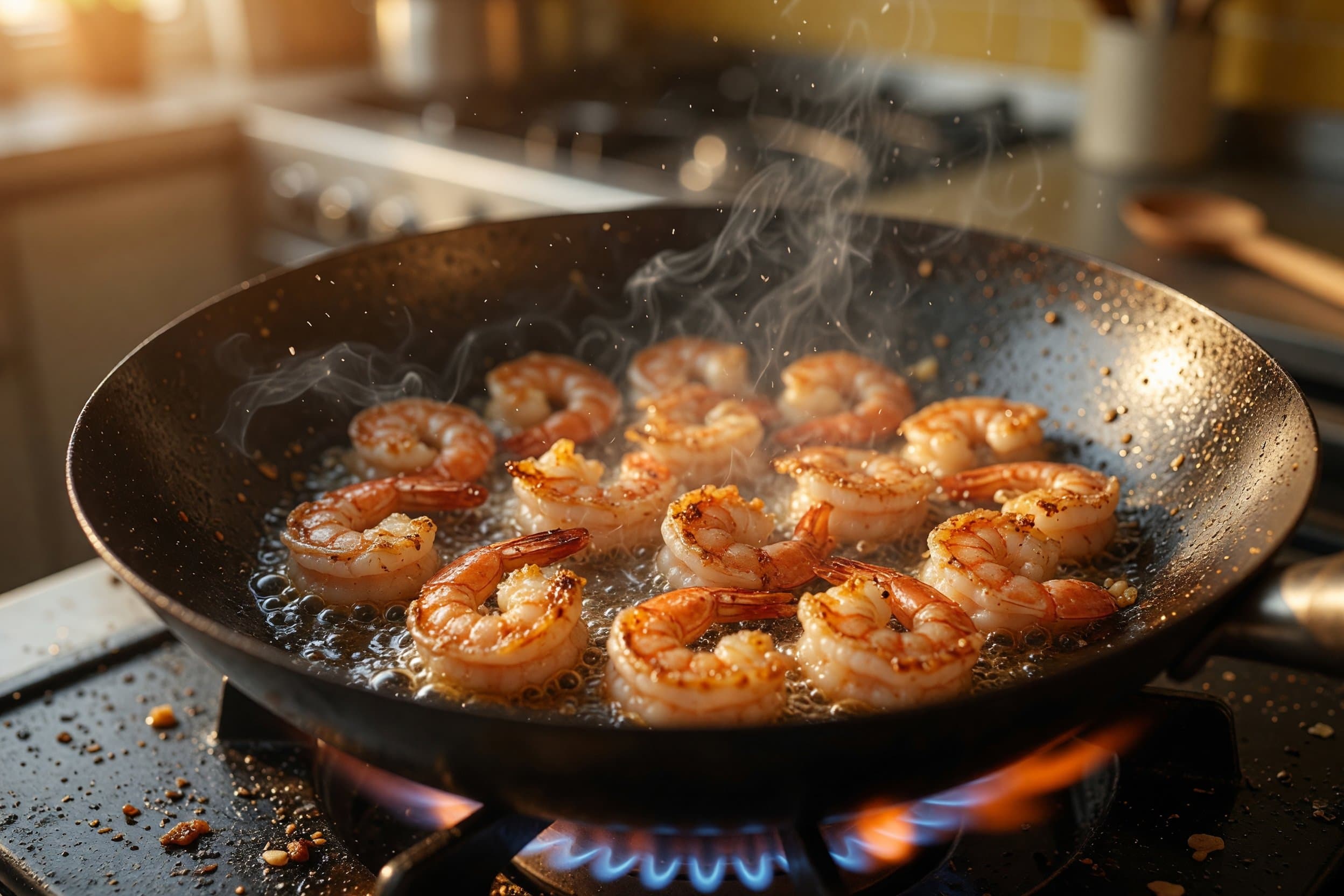 Searing shrimp while preparing Thai-Style Chili Lime Shrimp with Stir-Fried Vegetables