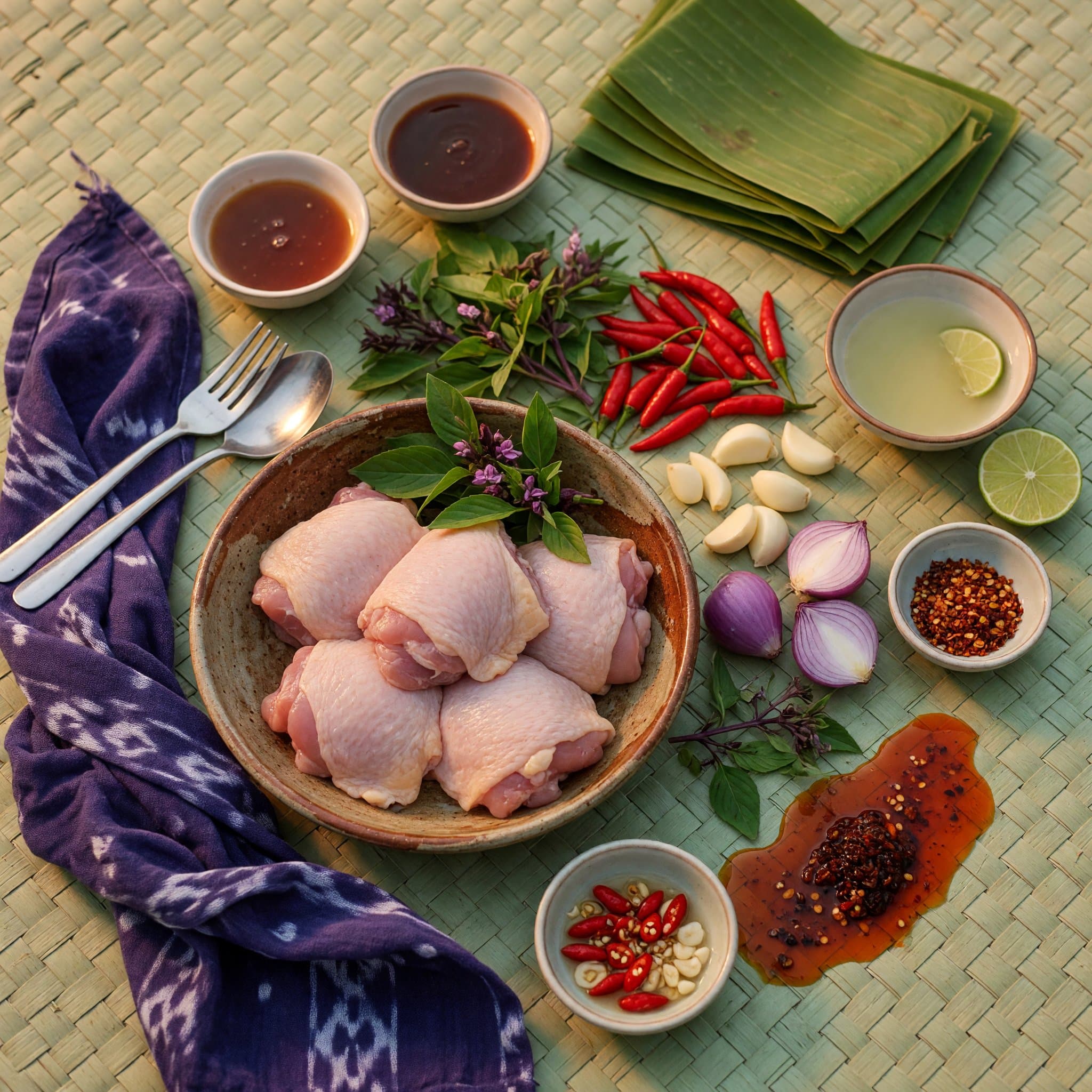 Overhead view of Chicken Thighs, Holy Basil, Bird'S Eye Chili, Garlic, Shallots, Fish Sauce, Oyster Sauce and Lime Juice arranged on a table