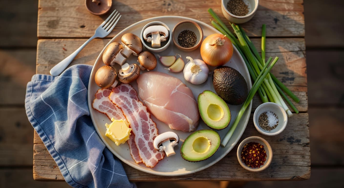 Overhead view of Chicken Breast, Bacon, Butter, Mushroom, Garlic, Onion, Avocado and Scallion arranged on a table