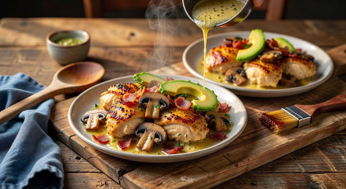Divide between two plates while preparing Garlic Butter Mushroom & Avocado Chicken with Crispy Bacon