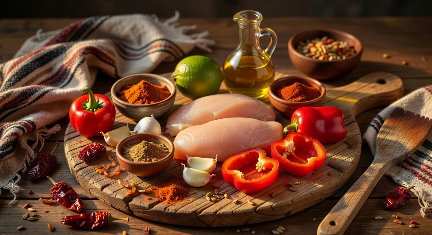 Overhead view of Chicken Breasts, Lime, Chili Powder, Olive Oil, Garlic, Cumin, Paprika and Red Bell Pepper arranged on a table