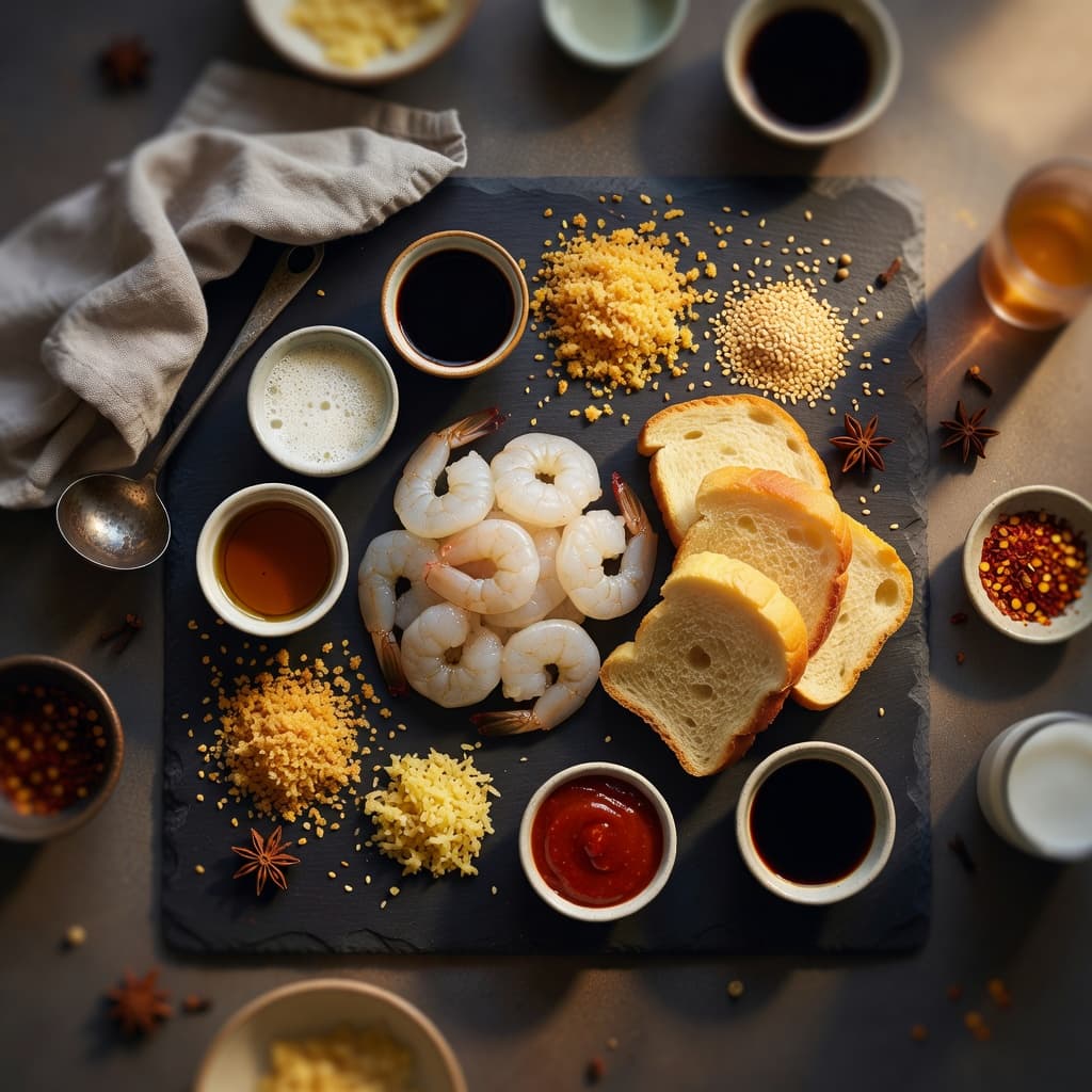 Overhead view of Shrimp, White Bread, Sesame Seeds, Panko Breadcrumbs, Egg White, Soy Sauce, Sesame Oil and Ginger arranged on a table