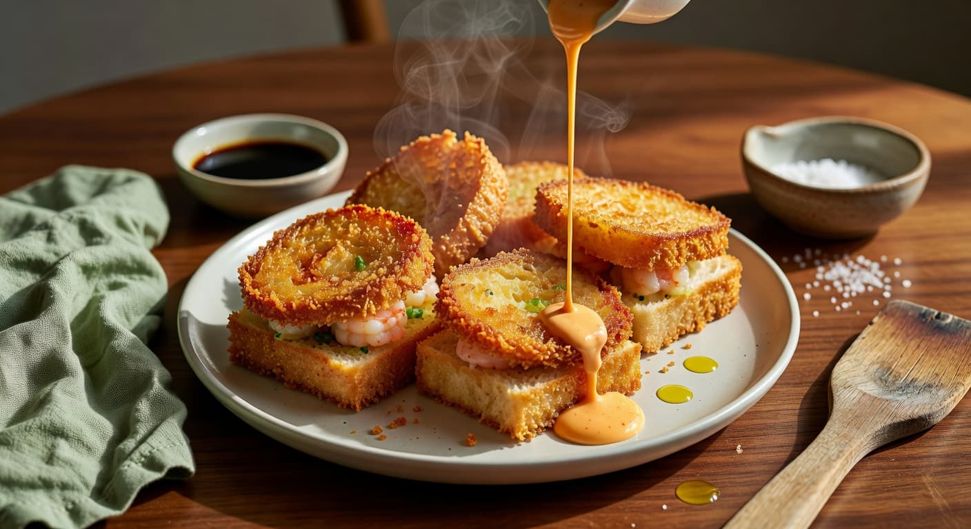 Plate the hot shrimp toast and serve immediately with the chili mayo on the side while preparing Crispy Shrimp Toast with Sweet Chili Mayo