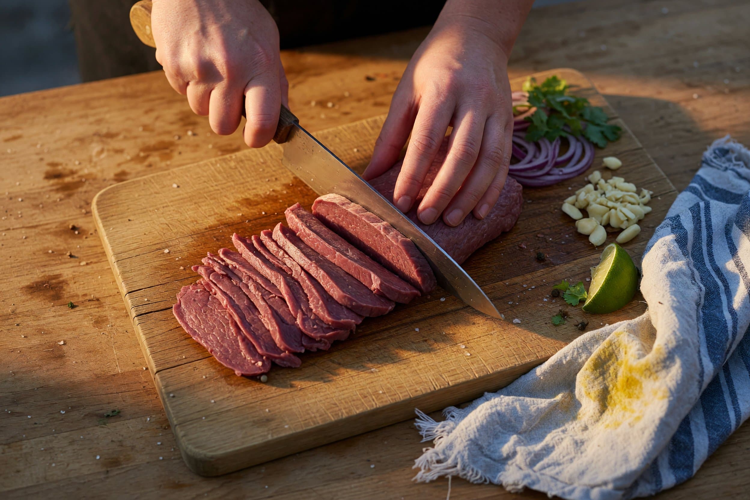 Slicing beef sirloin while preparing Korean Beef Bulgogi with Sesame Vegetables