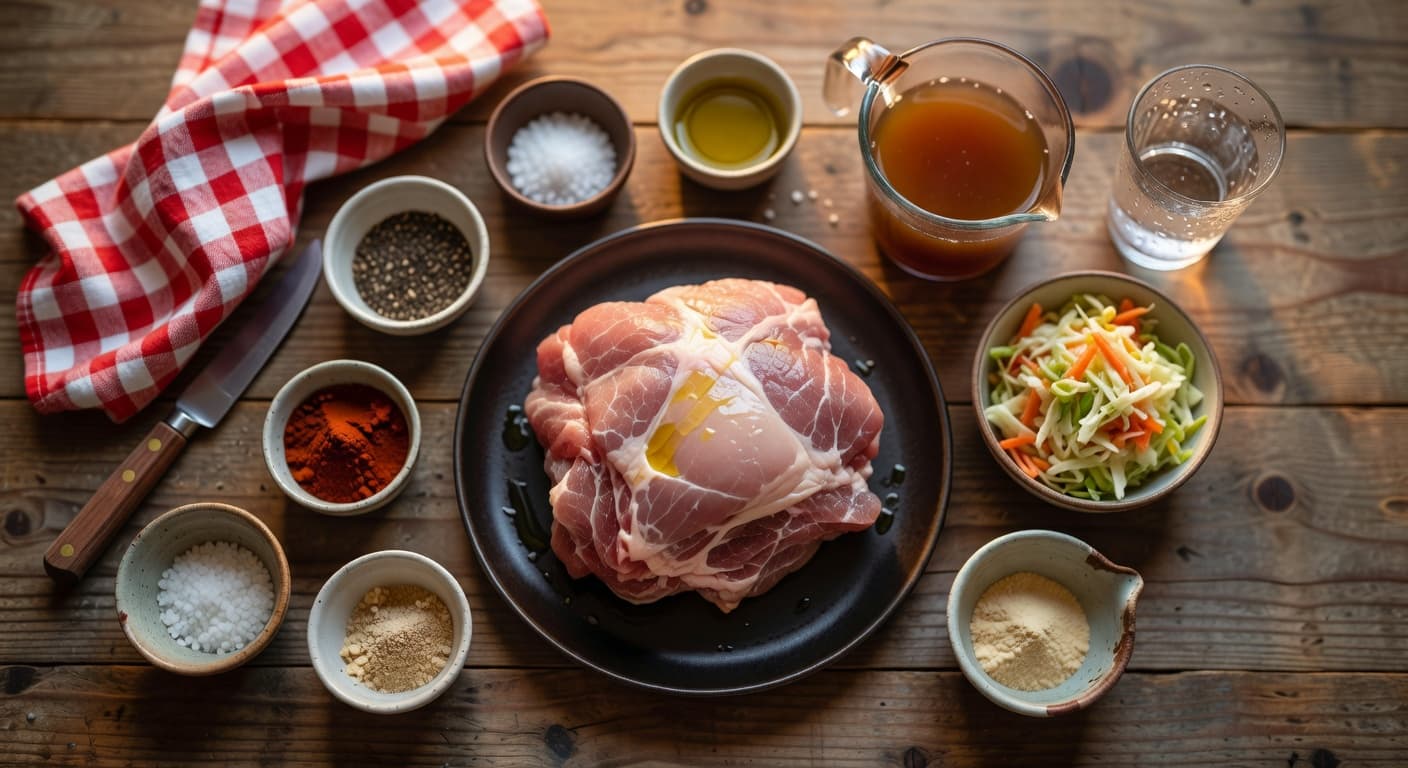 Overhead view of Pork Shoulder, Black Pepper, Kosher Salt, Garlic Powder, Paprika, Onion Powder, Olive Oil and Beef Broth arranged on a table