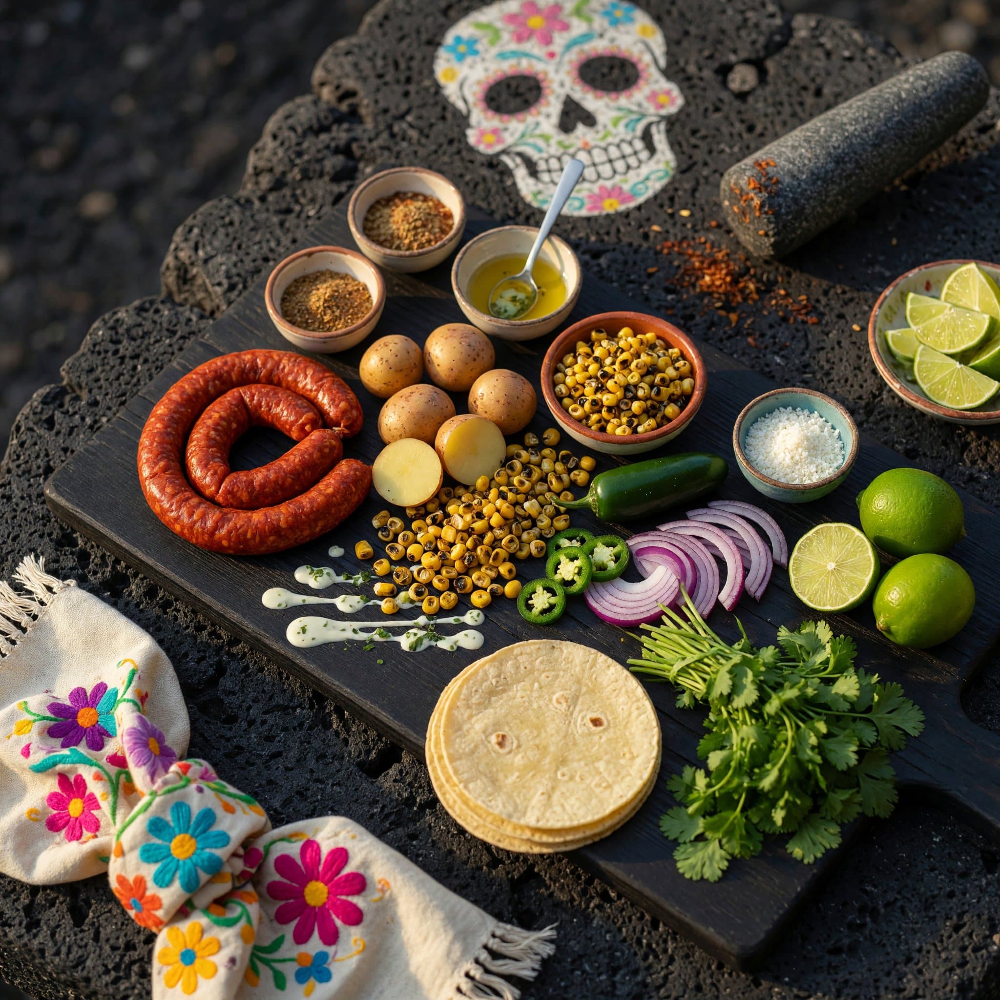 Overhead view of Mexican Chorizo, Waxy Potatoes, Corn Kernels, JalapeñO, Red Onion, Fresh Cilantro, Lime and Corn Tortillas arranged on a table