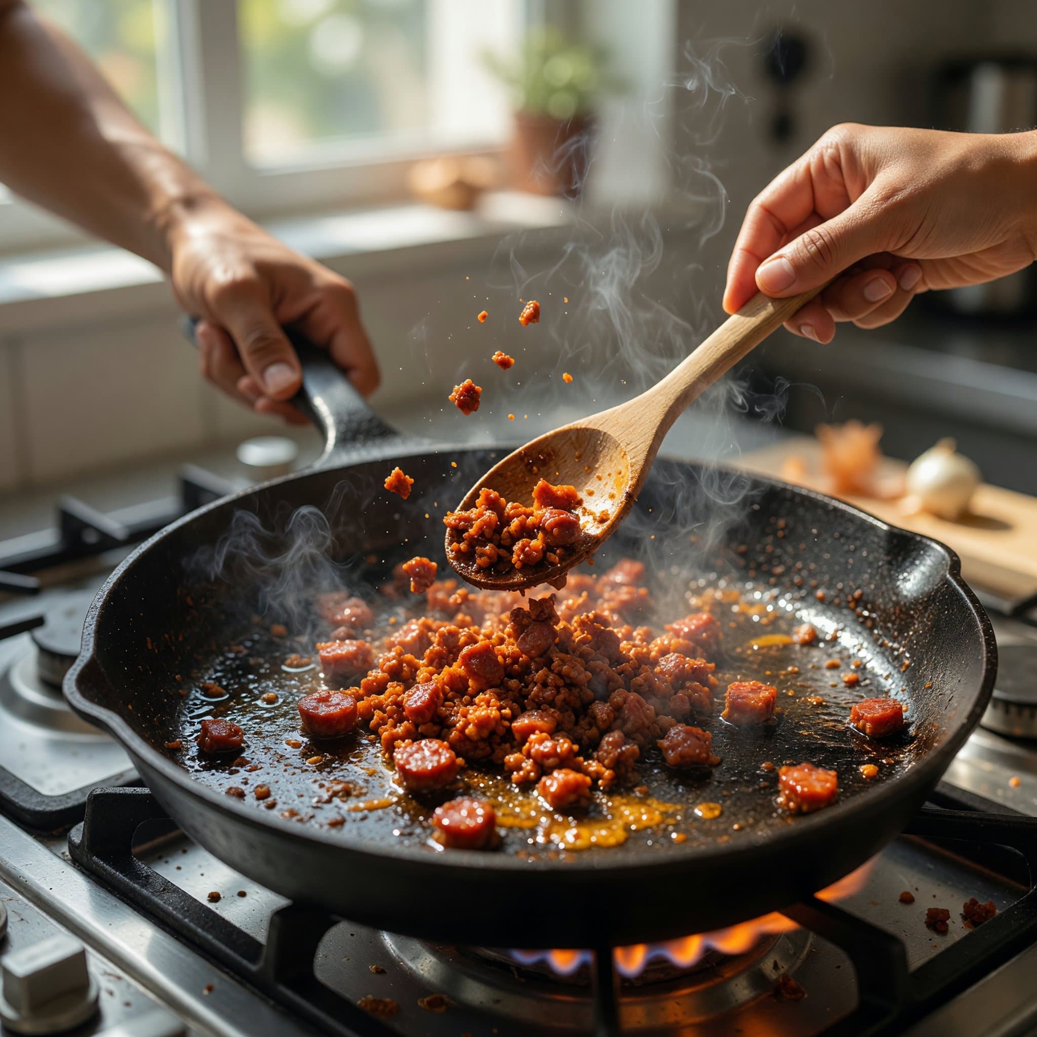 Searing chorizo while preparing Chorizo & Potato Breakfast Tacos with Charred Corn Salsa