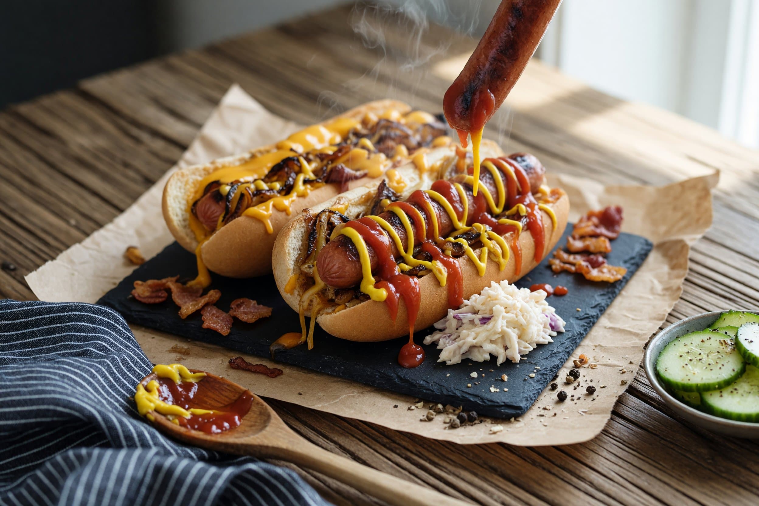 Assemble the hotdogs: Place each hotdog in a bun while preparing Fully Loaded American Hotdog