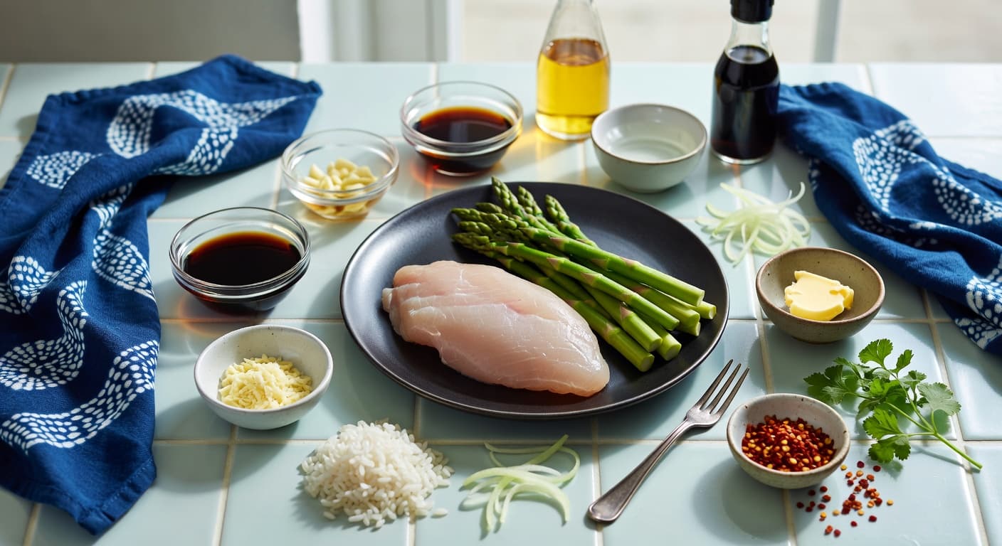 Overhead view of Chicken Breast, Soy Sauce, Mirin, Sake, Garlic, Ginger, Butter and Asparagus arranged on a table