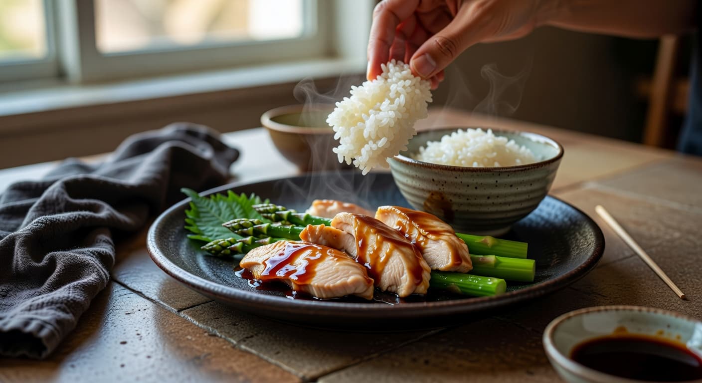 Divide rice between two bowls while preparing Chicken & Asparagus Teriyaki with Scallion Rice