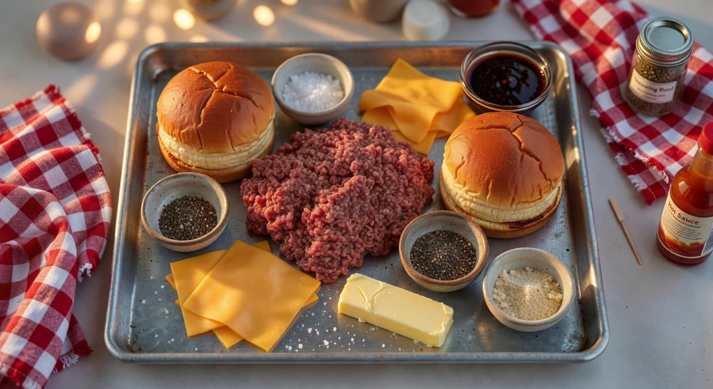 Overhead view of Ground Chuck Beef, Brioche Burger Buns, American Cheese, Butter, Kosher Salt, Black Pepper, Garlic Powder and Worcestershire Sauce arranged on a table