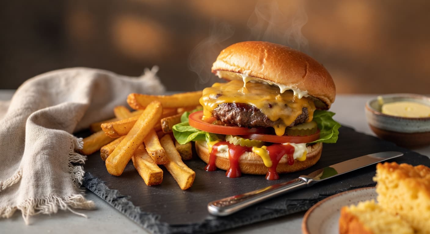 Assemble your burgers: spread mayonnaise on the top bun and ketchup and mustard while preparing Great American Hamburger & Crispy Potato Fries