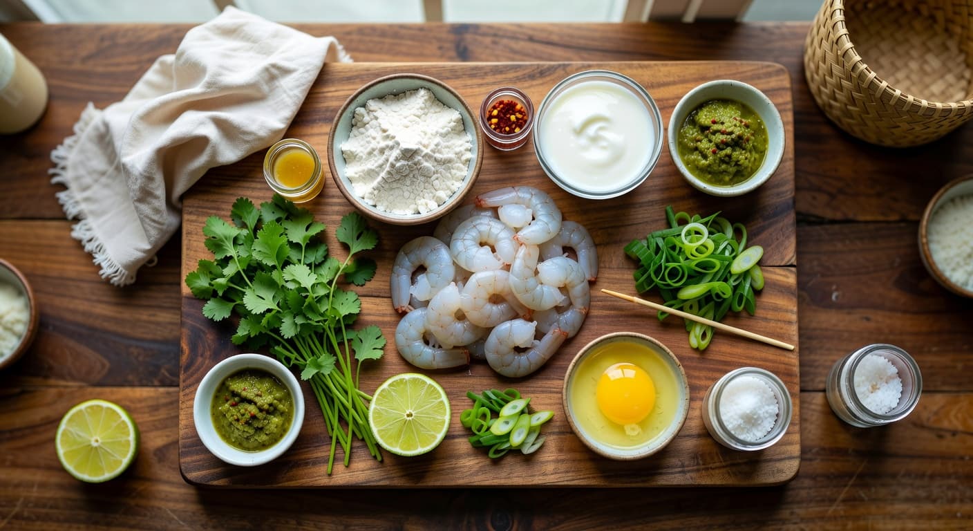 Overhead view of Shrimp, All-Purpose Flour, Coconut Milk, Thai Green Curry Paste, Fresh Cilantro, Egg, Green Onion and Lime arranged on a table