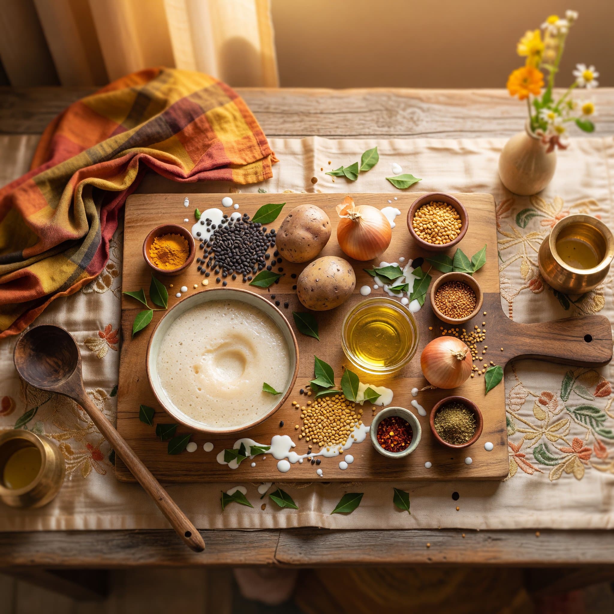 Overhead view of Dosa Batter, Potatoes, Onion, Coconut Oil, Urad Dal (Split Black Lentils), Chana Dal, Mustard Seeds and Curry Leaves arranged on a table