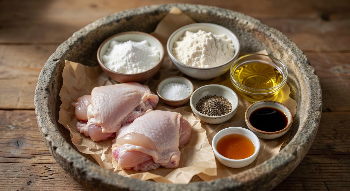 Overhead view of Chicken Thighs, Cornstarch, All-Purpose Flour, Salt, Black Pepper, Vegetable Oil, Soy Sauce and Honey arranged on a table