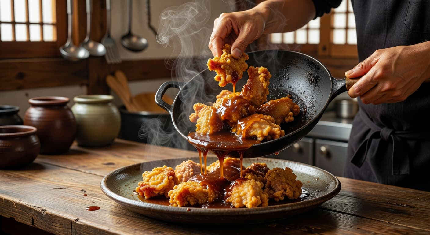 Transfer to a serving platter or divide between bowls while preparing Dakgangjeong (Korean Crispy Soy Garlic Chicken)