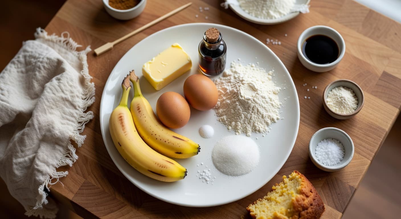 Overhead view of Butter, Bananas, Eggs, Vanilla Extract, All-Purpose Flour, Granulated Sugar, Baking Soda and Salt arranged on a table