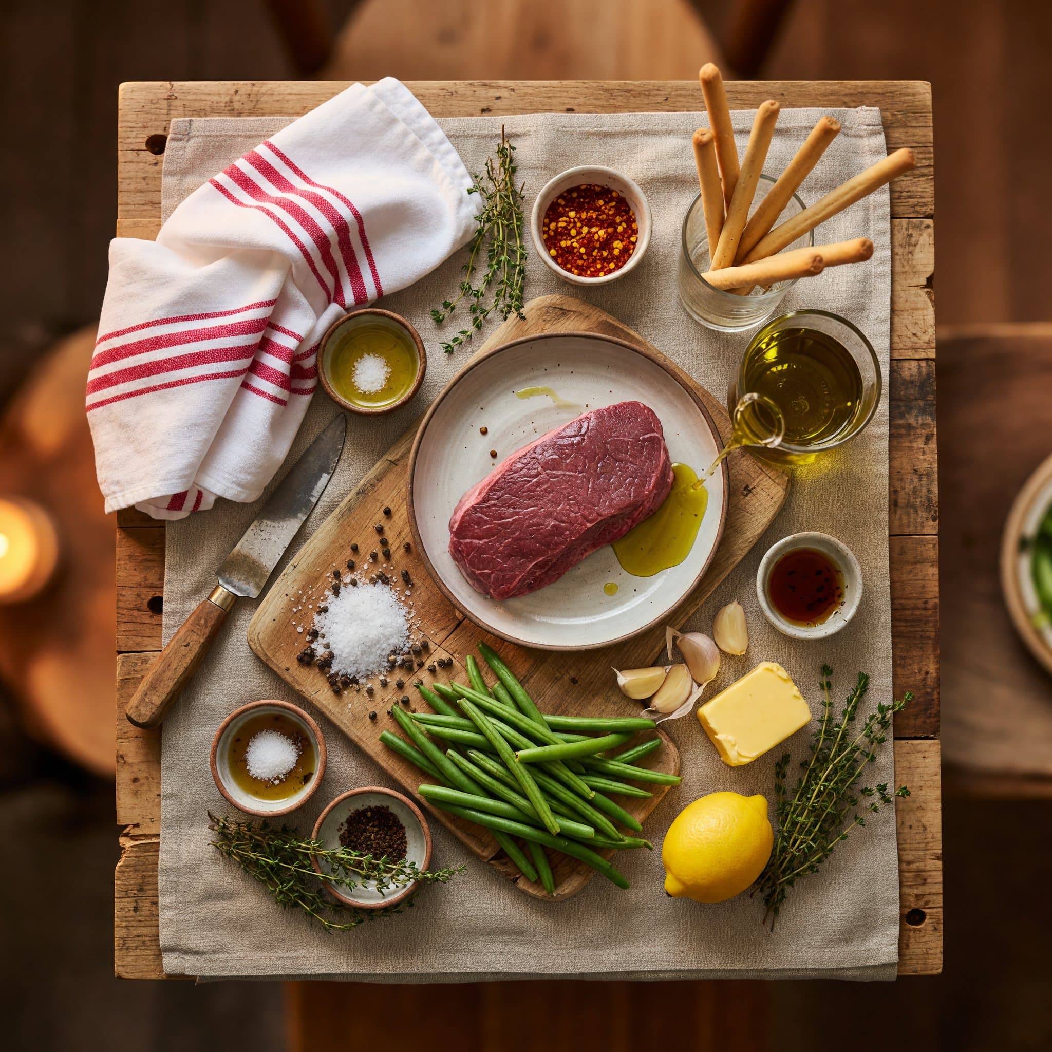 Overhead view of Beef Tenderloin, Kosher Salt, Black Pepper, Fresh Green Beans, Butter, Garlic, Lemon and Fresh Thyme arranged on a table