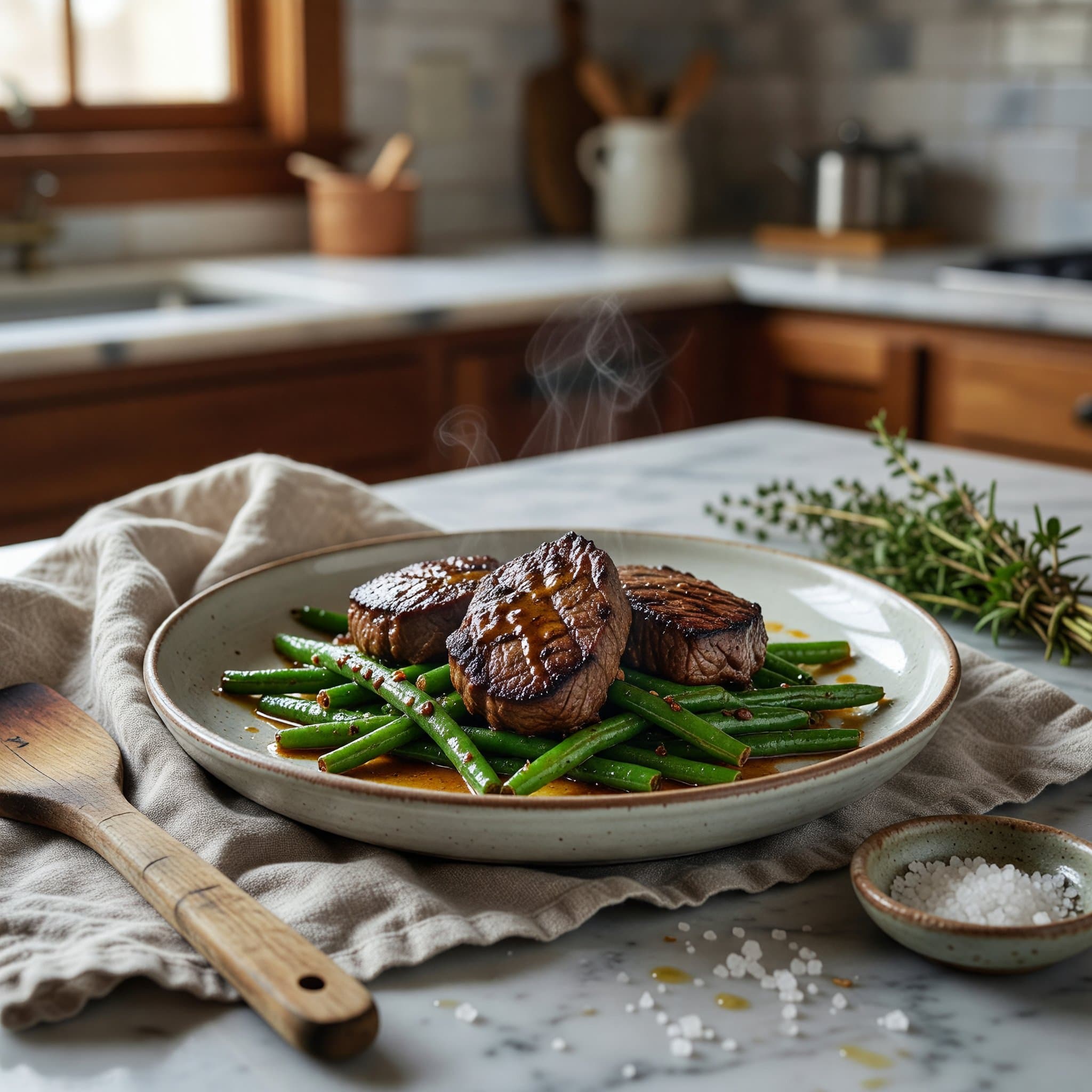 Divide the green beans between two plates and top each with a beef tenderloin while preparing Pan-Seared Beef Tenderloin with Garlicky Green Beans and Brown Butter