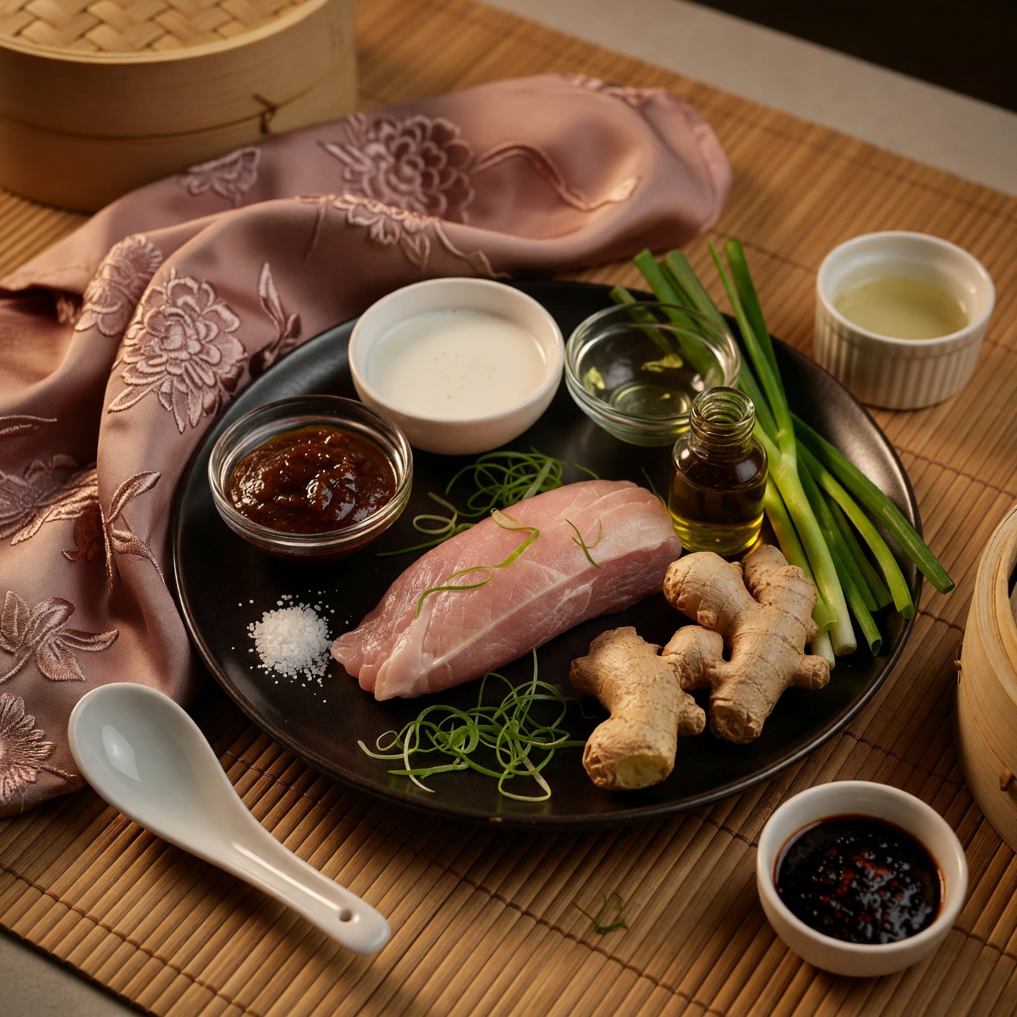 Overhead view of Pork Tenderloin, Coconut Milk, Apple Butter, Ginger, Sesame Oil, Vegetable Oil, Scallions and Kosher Salt arranged on a table