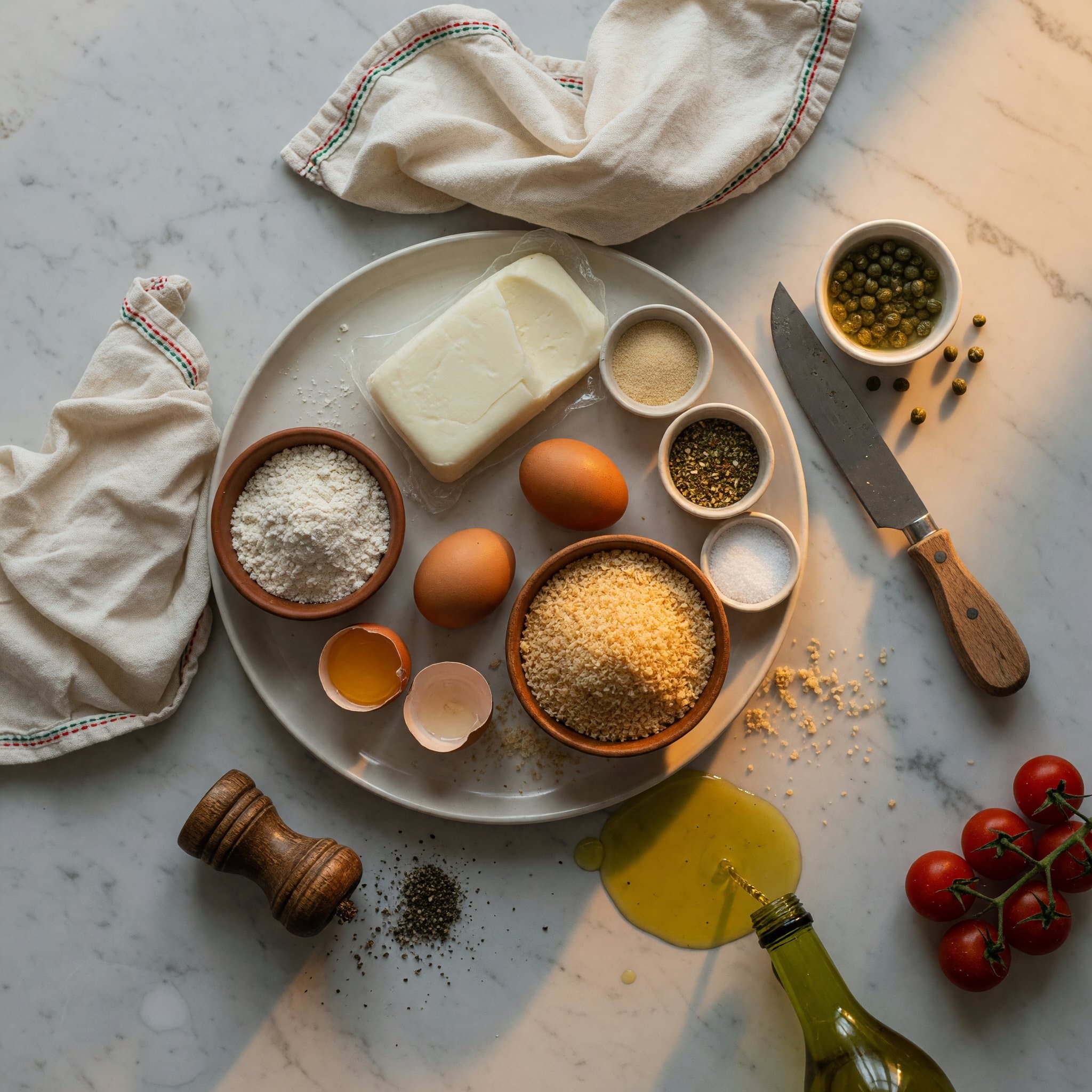 Overhead view of Mozzarella Cheese, All-Purpose Flour, Eggs, Panko Breadcrumbs, Garlic Powder, Dried Italian Seasoning, Kosher Salt and Black Pepper arranged on a table