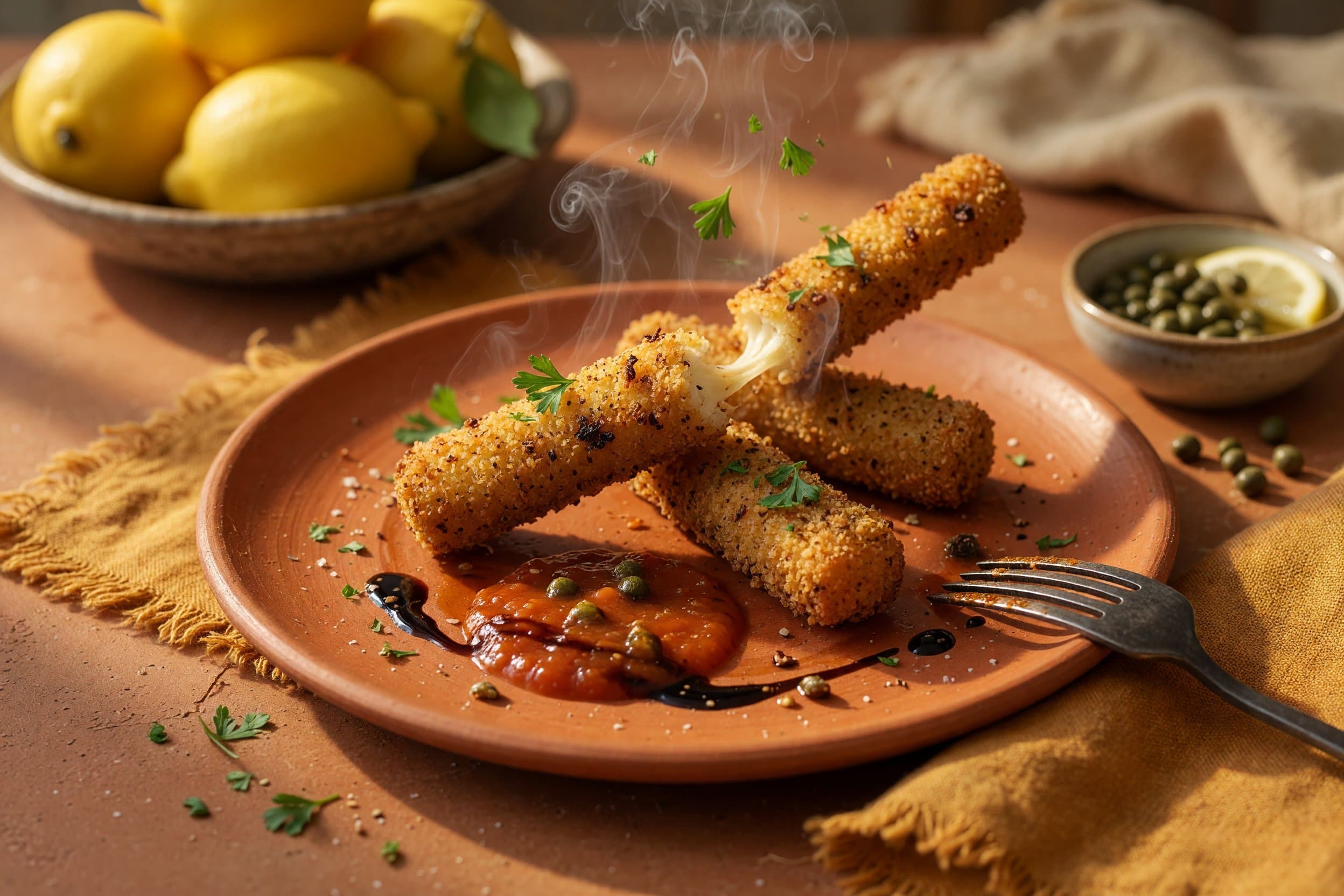 Arrange your fried mozzarella sticks on a serving plate, garnish with fresh pars while preparing Crispy Mozzarella & Marinara Dipping Sticks