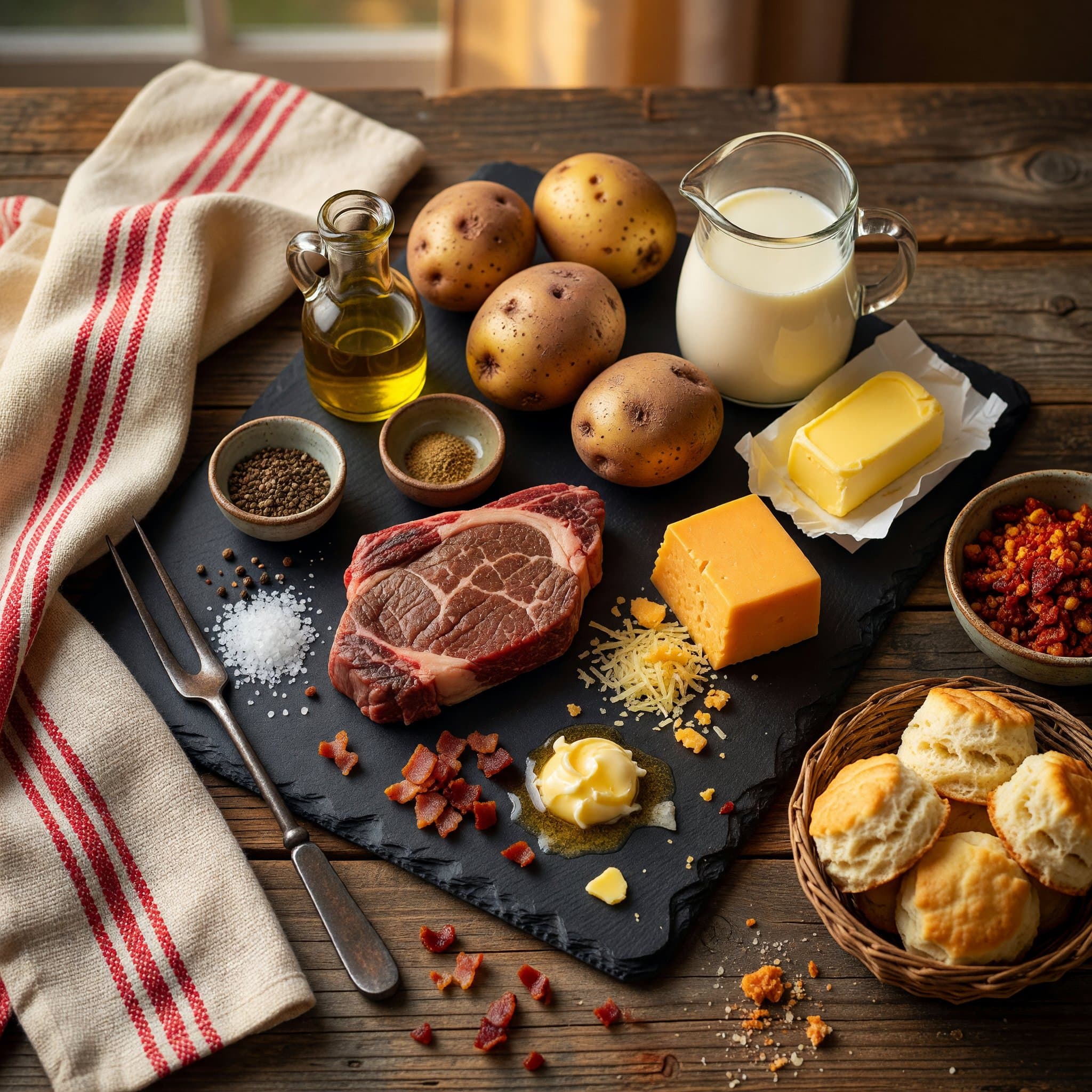 Overhead view of Ribeye Steak, Kosher Salt, Black Pepper, Olive Oil, Russet Potatoes, Whole Milk, Butter and Cheddar Cheese arranged on a table