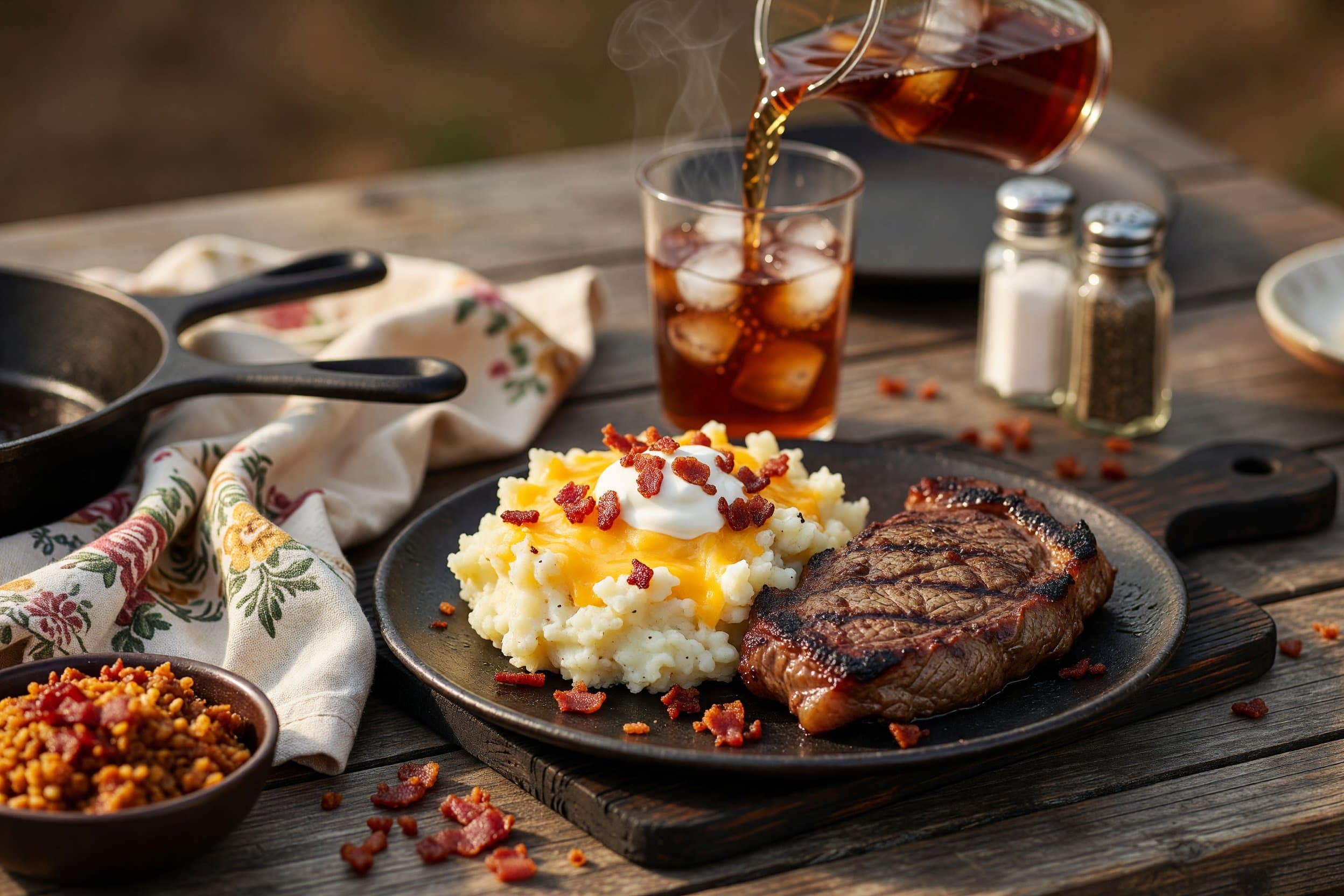 Pour cooled tea over ice in glasses while preparing Summer BBQ: Grilled Steak with Loaded Mashed Potatoes & Unsweetened Tea