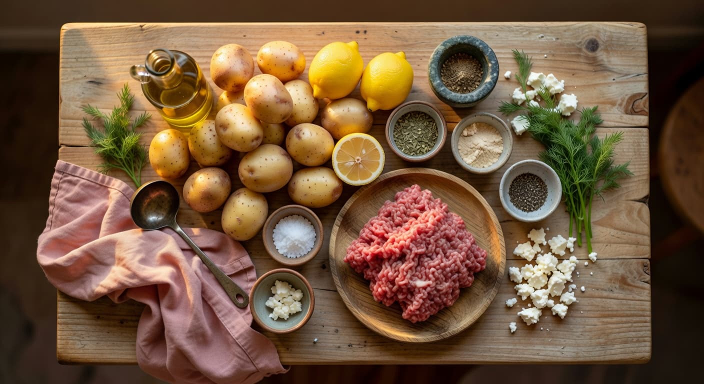 Overhead view of Yukon Gold Potatoes, Olive Oil, Lemon, Dried Oregano, Garlic Powder, Kosher Salt, Black Pepper and Ground Lamb arranged on a table