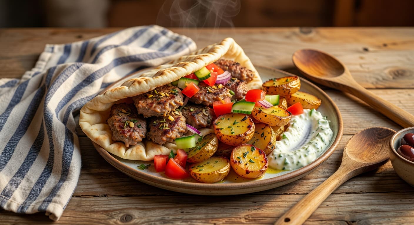 Fold the pita around the filling and serve immediately alongside your crispy Gre while preparing Greek Lamb Gyros with Crispy Lemon Potatoes