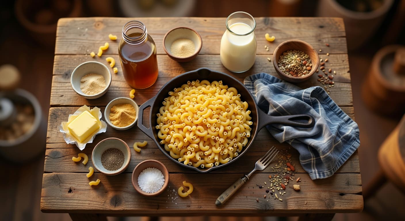 Overhead view of Elbow Macaroni, Chicken Broth, Whole Milk, Butter, Garlic Powder, Mustard Powder, Black Pepper and Kosher Salt arranged on a table