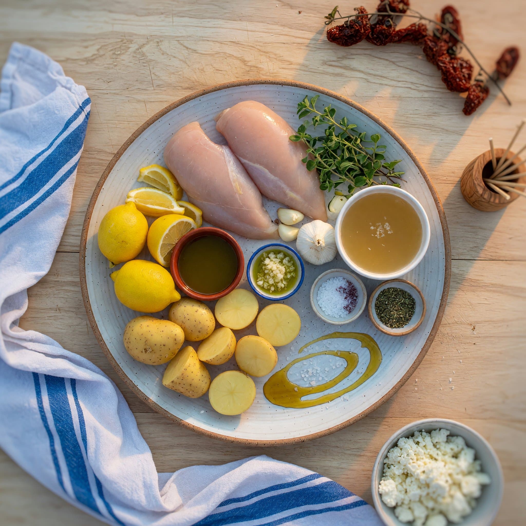 Overhead view of Chicken Breasts, Potatoes, Lemon, Olive Oil, Garlic, Fresh Oregano, Chicken Broth and Salt arranged on a table