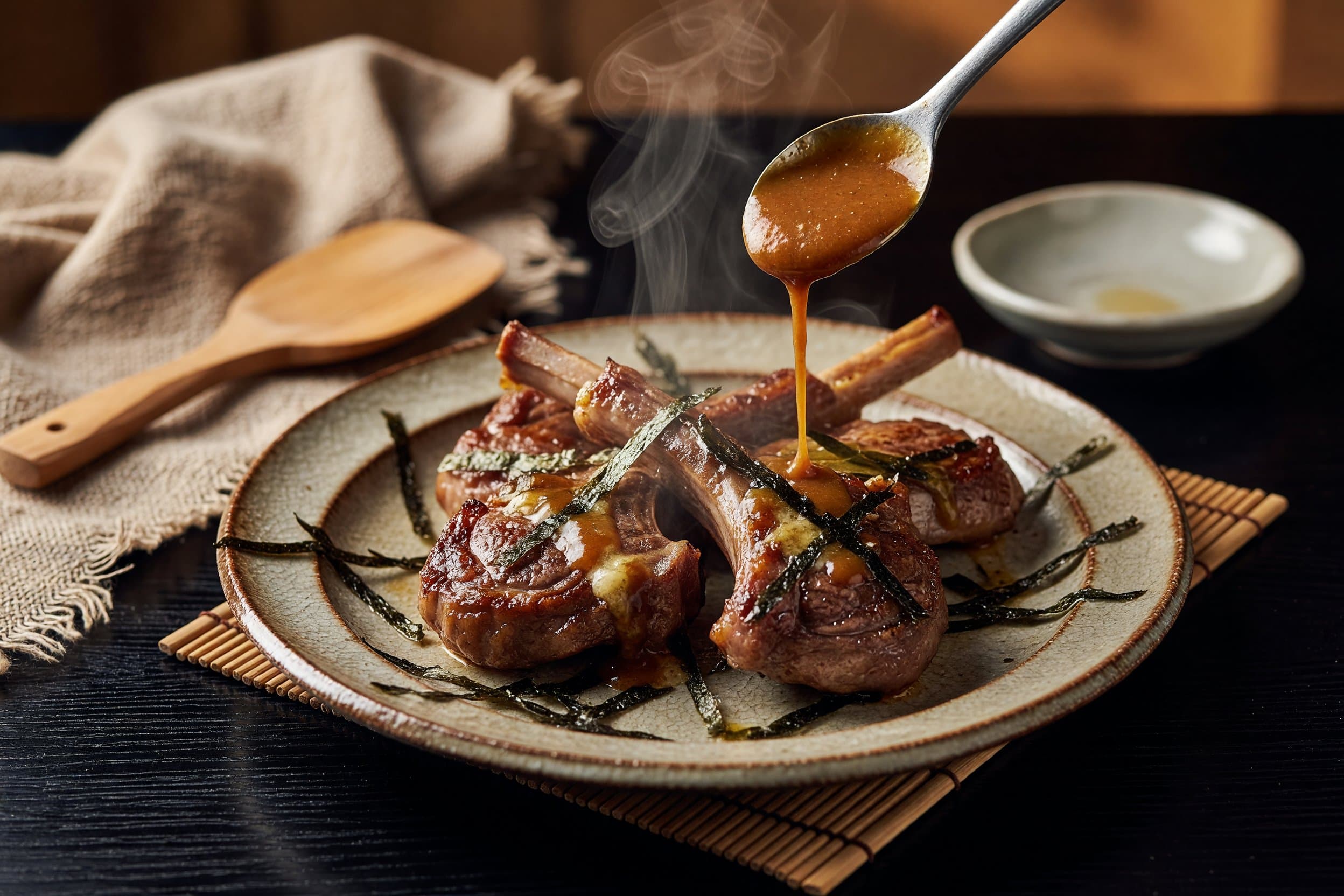 Plate the chops with a spoonful of glaze while preparing Pan-Seared Lamb Chops with Bay Leaf, Garlic Butter & Japanese Miso Glaze