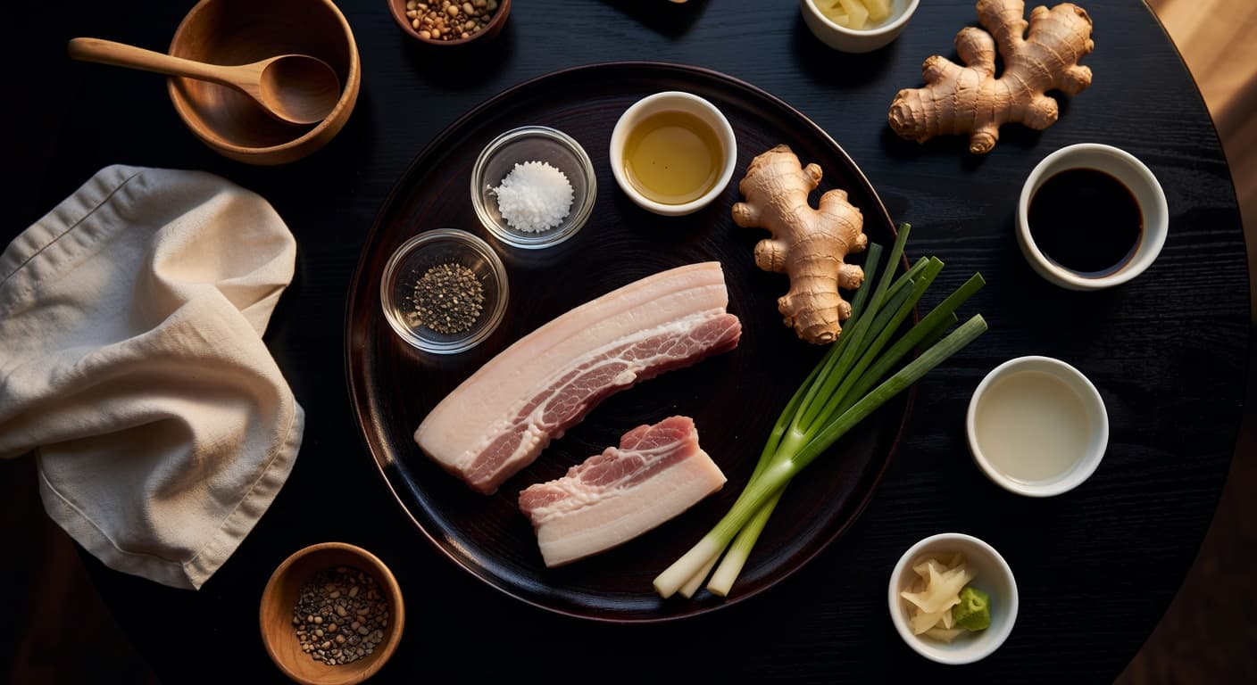Overhead view of Pork Belly, Kosher Salt, Black Pepper, Neutral Oil, Fresh Ginger, Scallions, Soy Sauce and Rice Vinegar arranged on a table