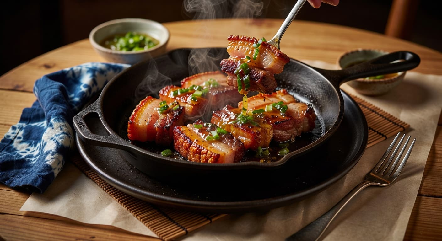 Slice your pork belly into 2–3 pieces per portion while preparing Pan-Seared Pork Belly with Crispy Skin & Ginger-Scallion Sauce
