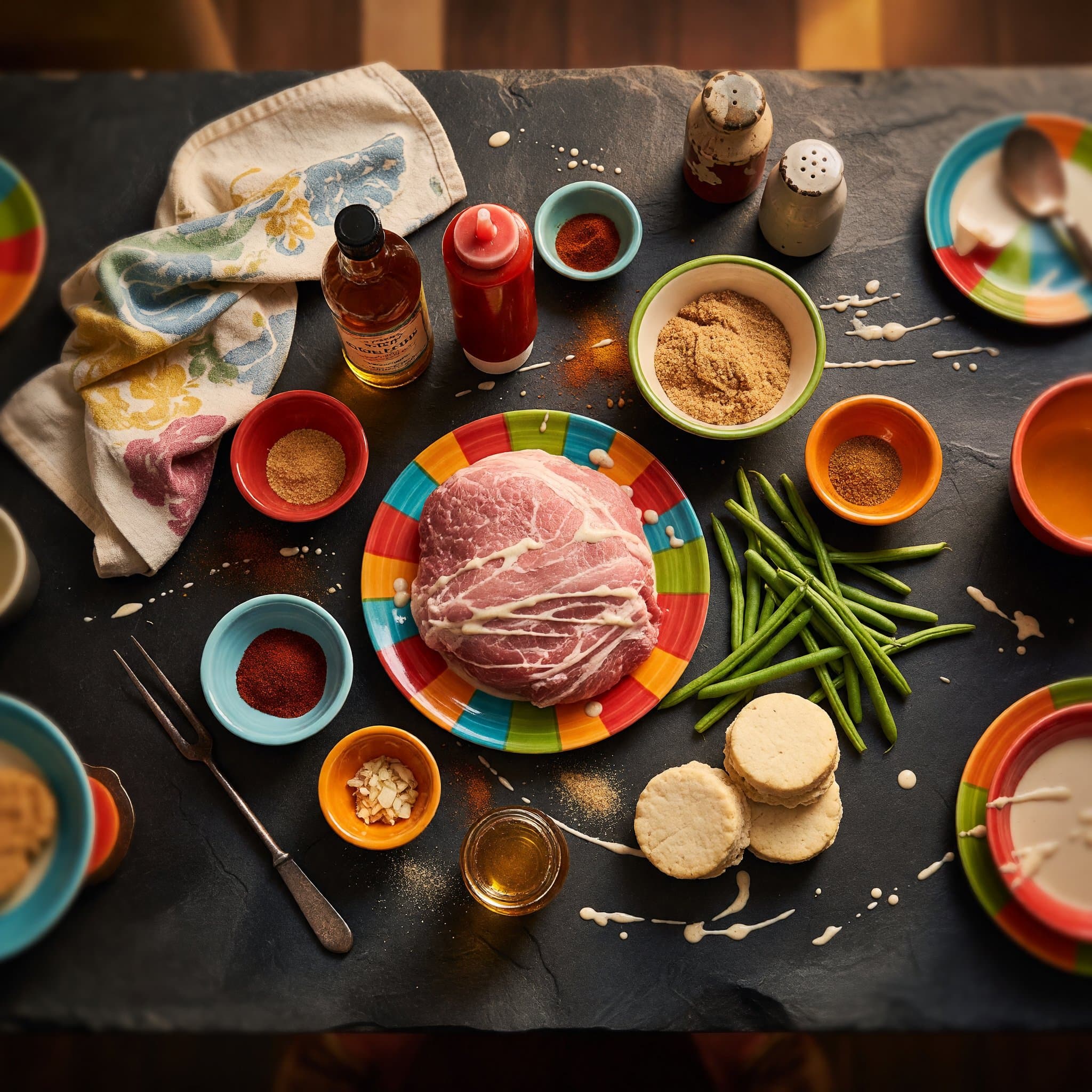 Overhead view of Pork Shoulder, Apple Cider Vinegar, Ketchup, Brown Sugar, Mustard Powder, Smoked Paprika, Garlic Powder and Onion Powder arranged on a table