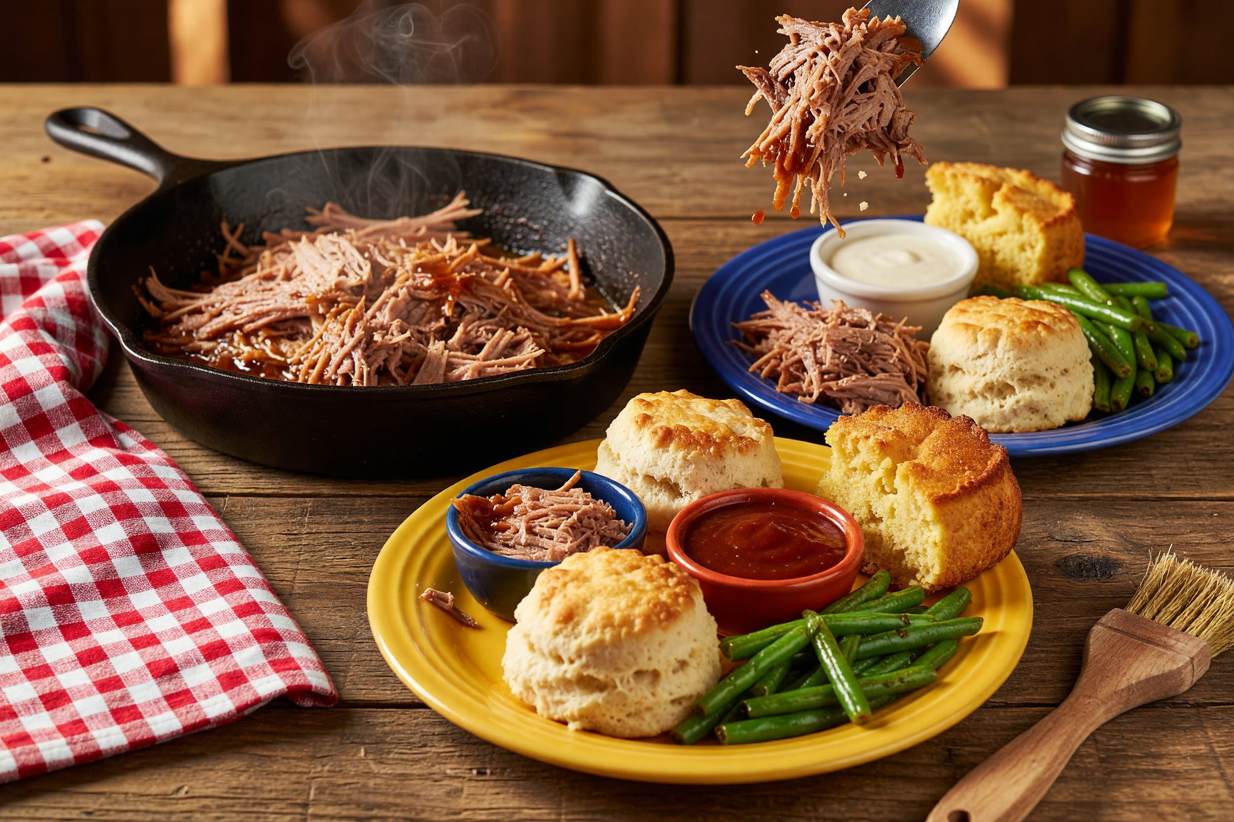Divide the pulled pork between serving plates while preparing Slow Cooker Pulled Pork with Green Beans & Buttermilk Biscuits