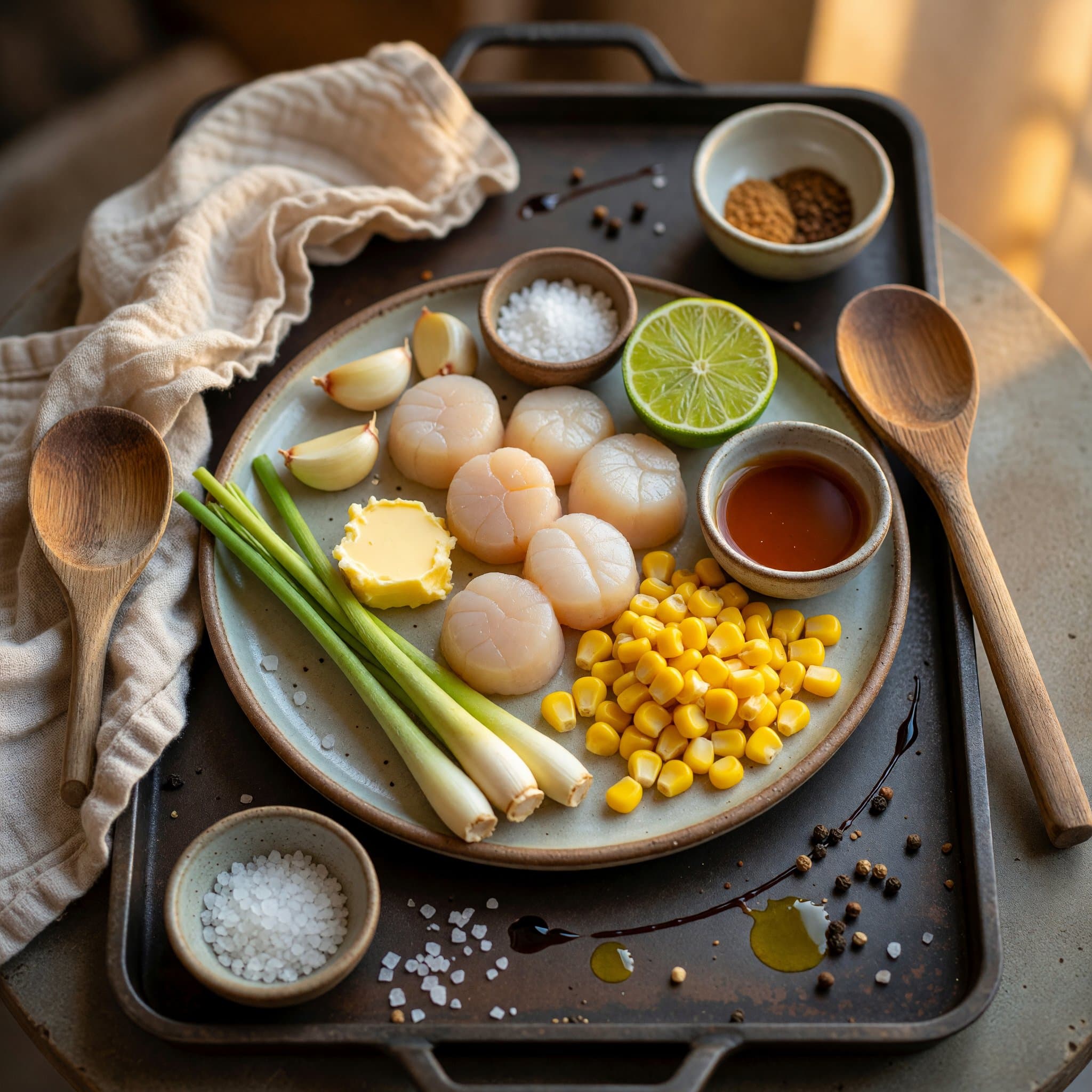 Overhead view of Sea Scallops, Fresh Corn Kernels, Butter, Fresh Lemongrass, Garlic, Fish Sauce, Lime and Kosher Salt arranged on a table