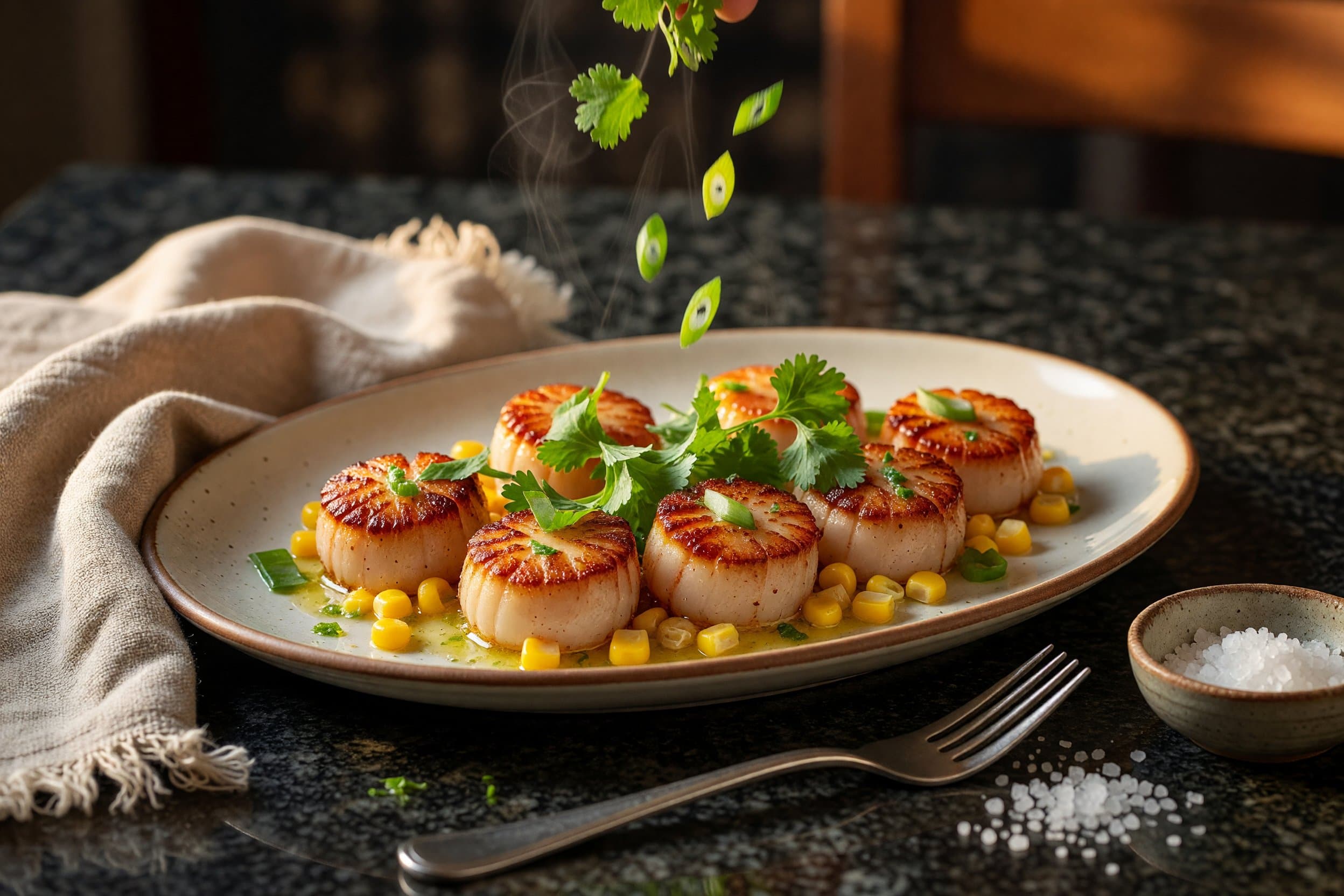 Garnish with your fresh cilantro and sliced scallion while preparing Pan-Seared Scallops with Corn, Lemongrass Butter & Lime