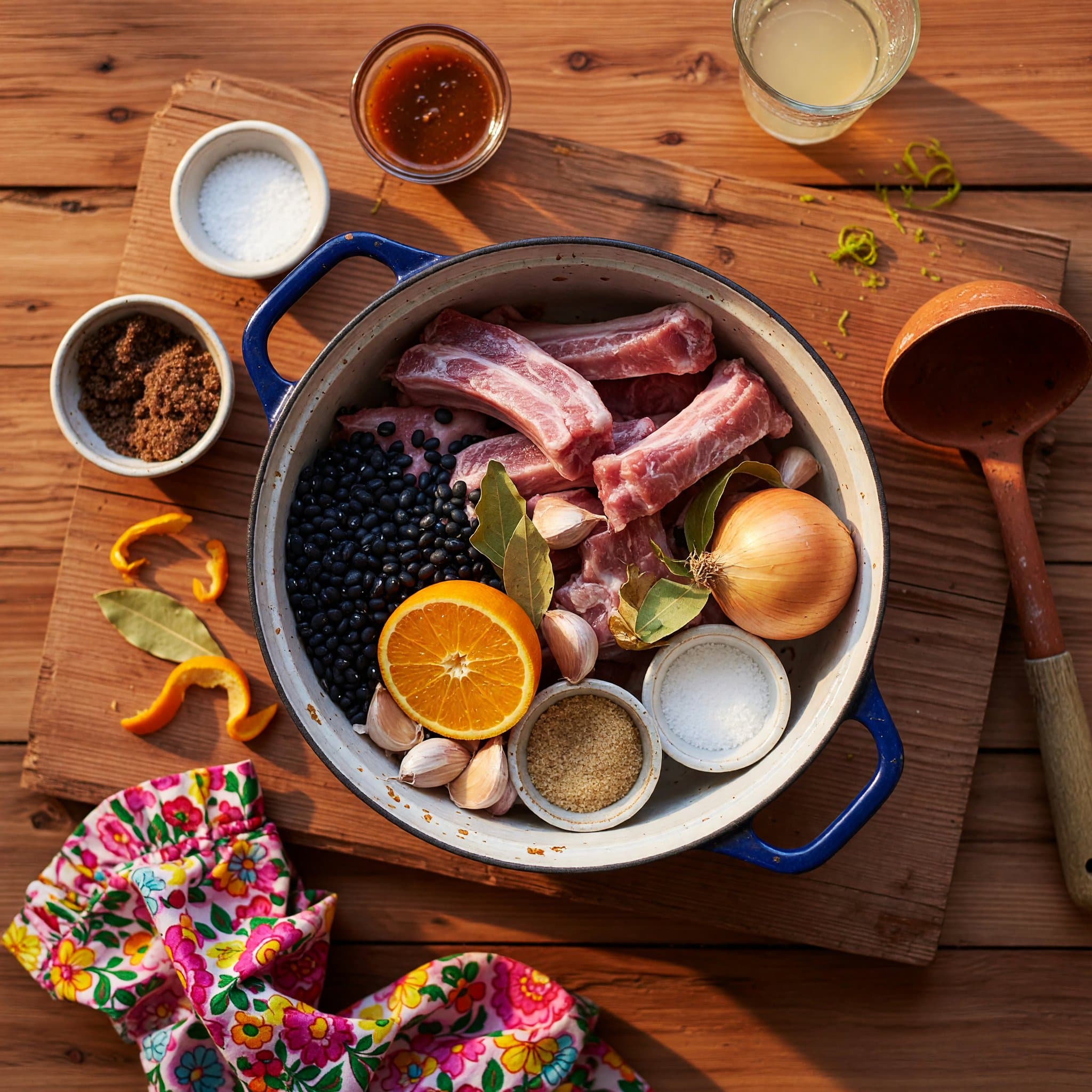 Overhead view of Pork Ribs, Bay Leaf, Orange, Garlic, Black Beans, Onion, Brown Sugar and Kosher Salt arranged on a table