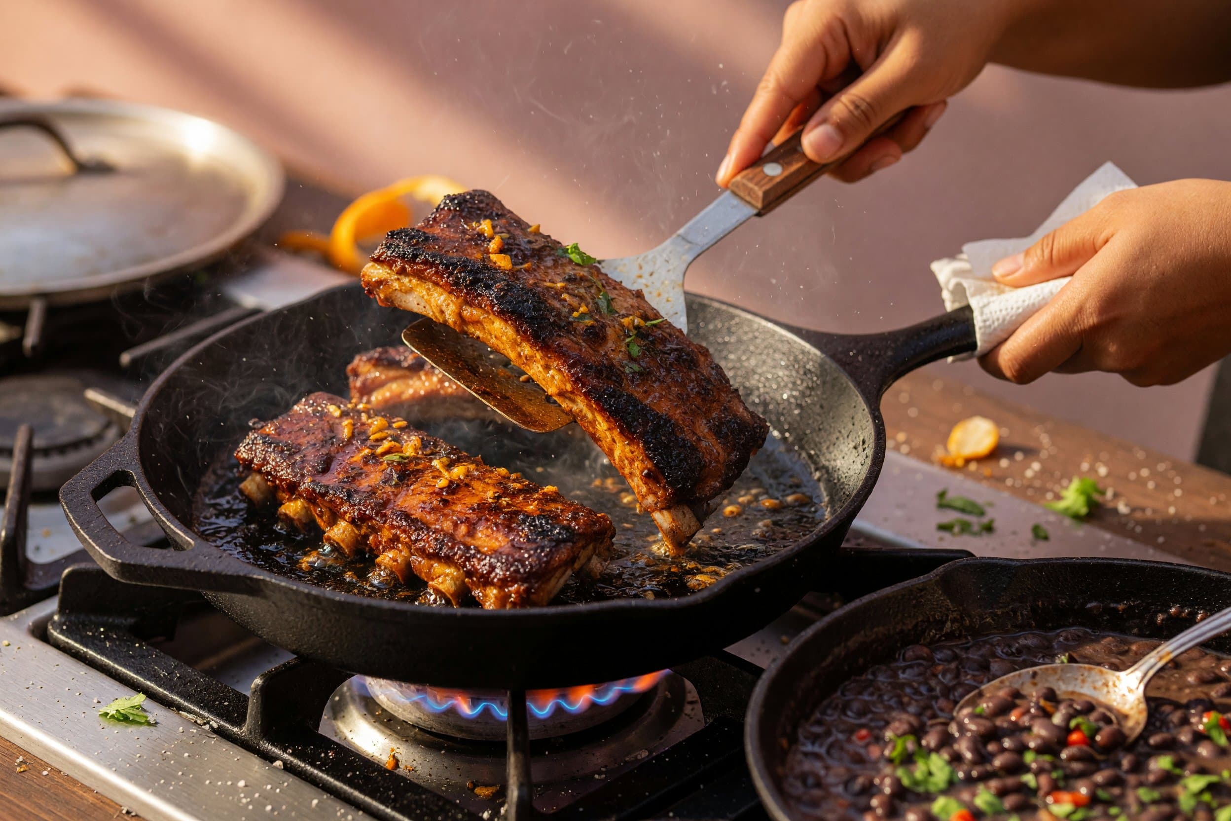 Searing pork ribs while preparing Glazed Pork Ribs with Black Beans and Orange