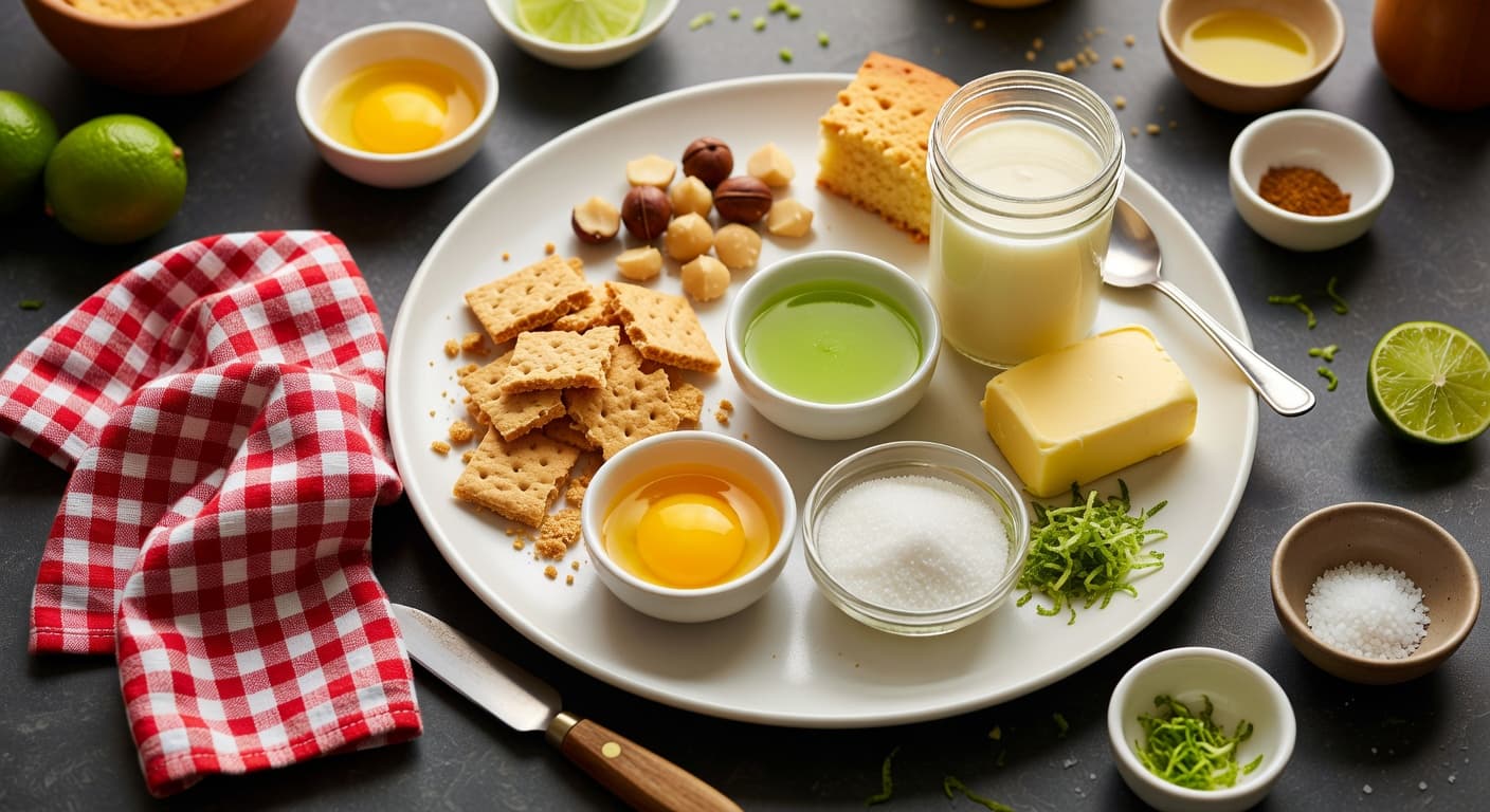 Overhead view of Graham Crackers, Salted Macadamia Nuts, Granulated Sugar, Unsalted Butter, Full-Fat Sweetened Condensed Milk, Key Lime Juice, Egg Yolks and Key Lime Zest arranged on a table
