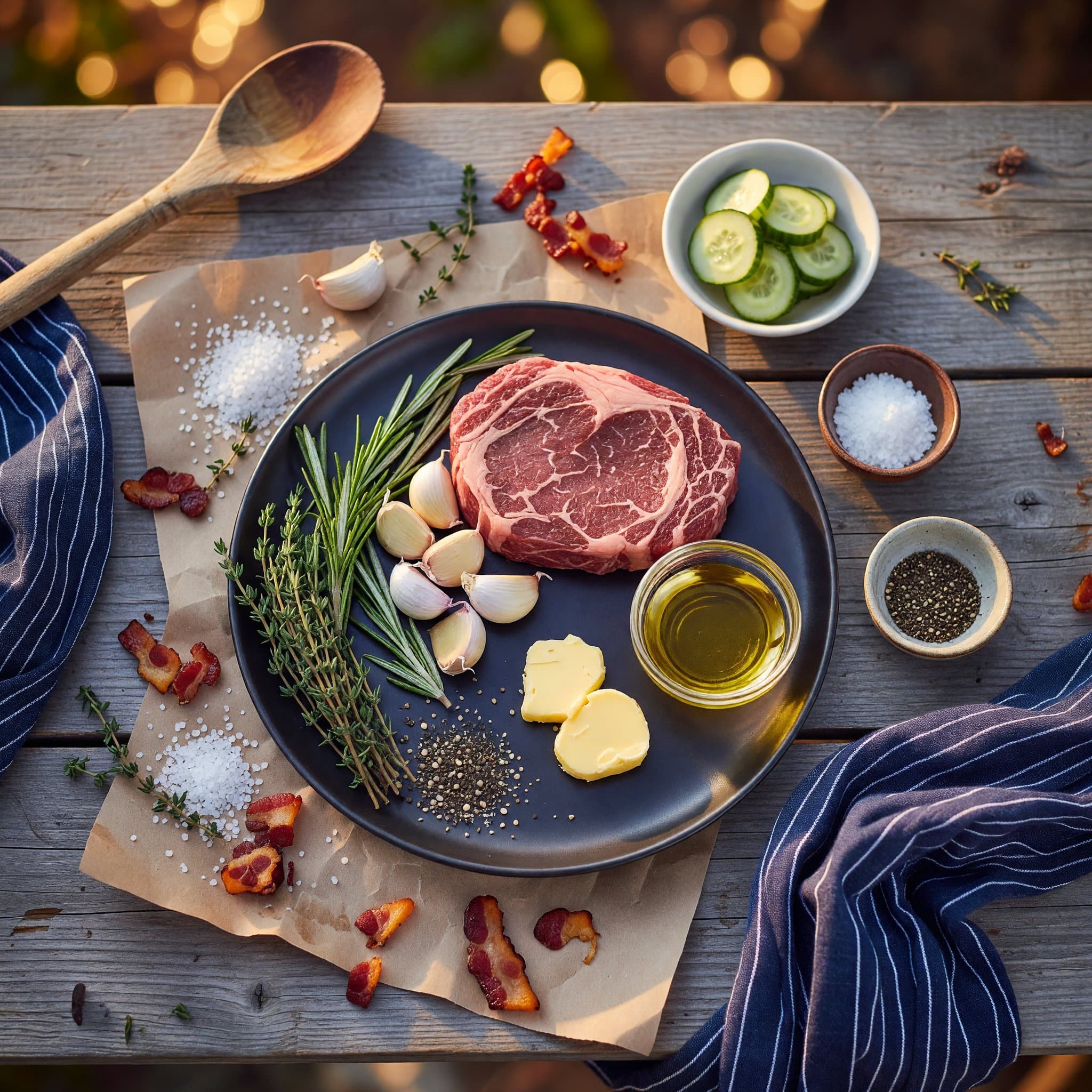 Overhead view of Ribeye Steak, Kosher Salt, Black Pepper, Butter, Garlic, Fresh Rosemary, Fresh Thyme and Avocado Oil arranged on a table