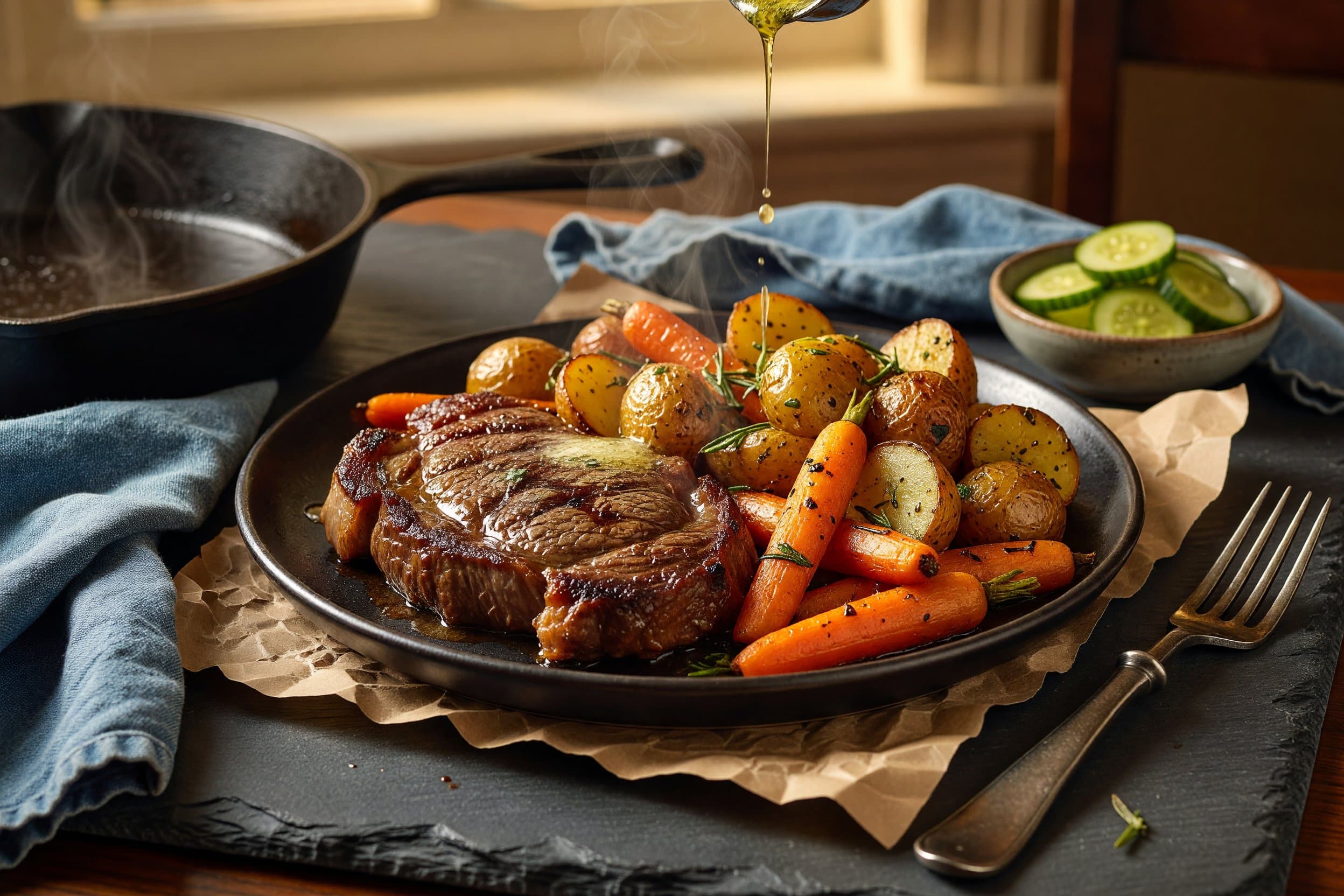 Plate each steak alongside a generous portion of roasted potatoes and carrots while preparing Pan-Seared Ribeye Steak with Roasted Carrots and Potatoes