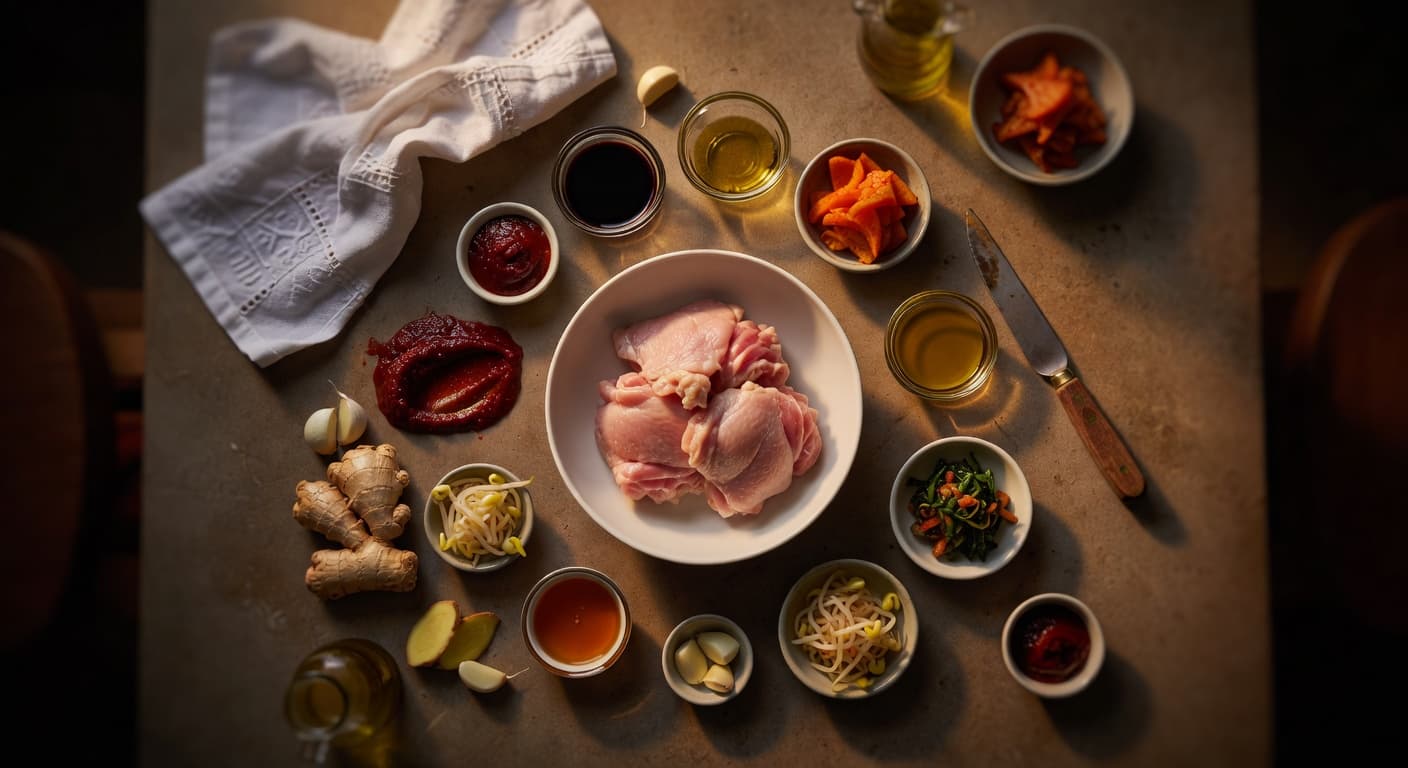Overhead view of Chicken Thighs, Gochujang, Soy Sauce, Sesame Oil, Honey, Garlic, Ginger and Neutral Oil arranged on a table